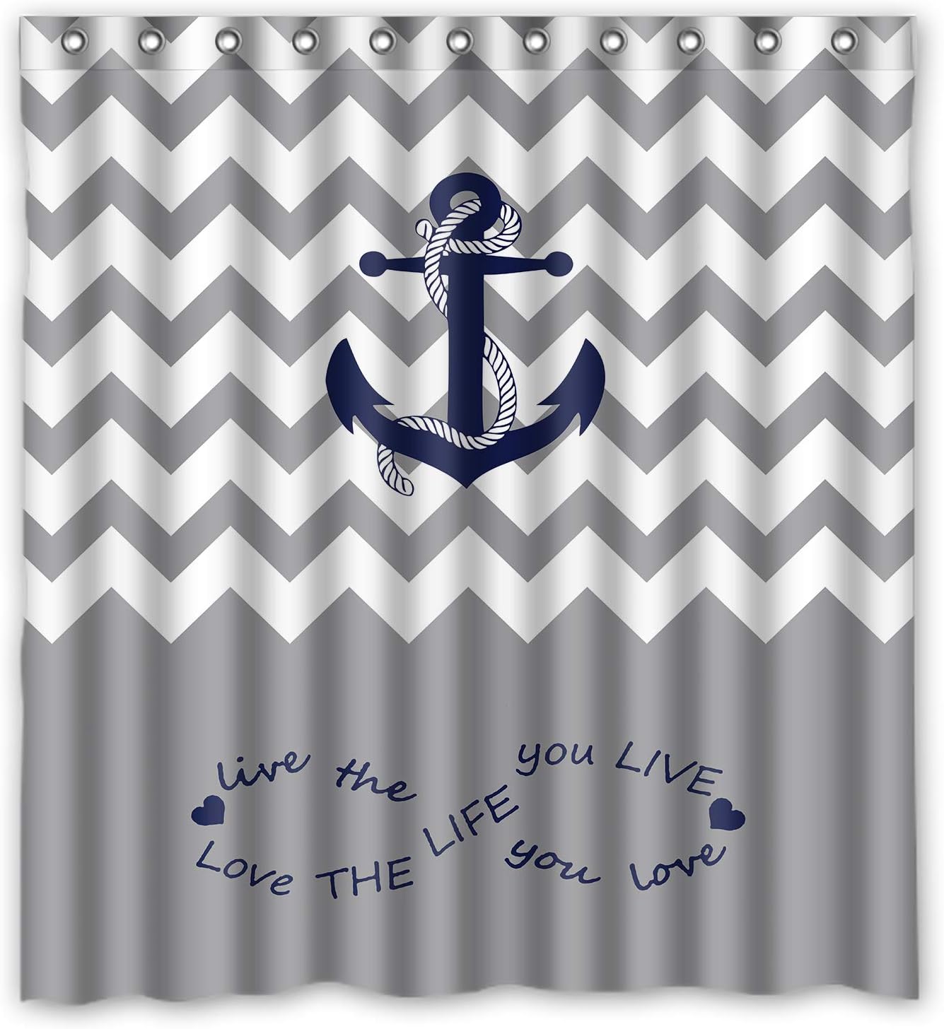 KXMDXA Infinity Live the Life You Love, Love the Life You Live.Gray White Chevron Zig Zag Pattern With Anchor Navy Waterproof Polyester Bath Shower Curtain Size 60x72 Inch