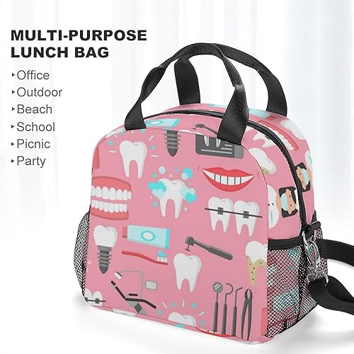 Miniatura 6 de Lonchera aislada, bolsa de almuerzo pequeña con soporte para botella de agua, correa de hombro ajustable y extraíble, diseño dental sin costuras,