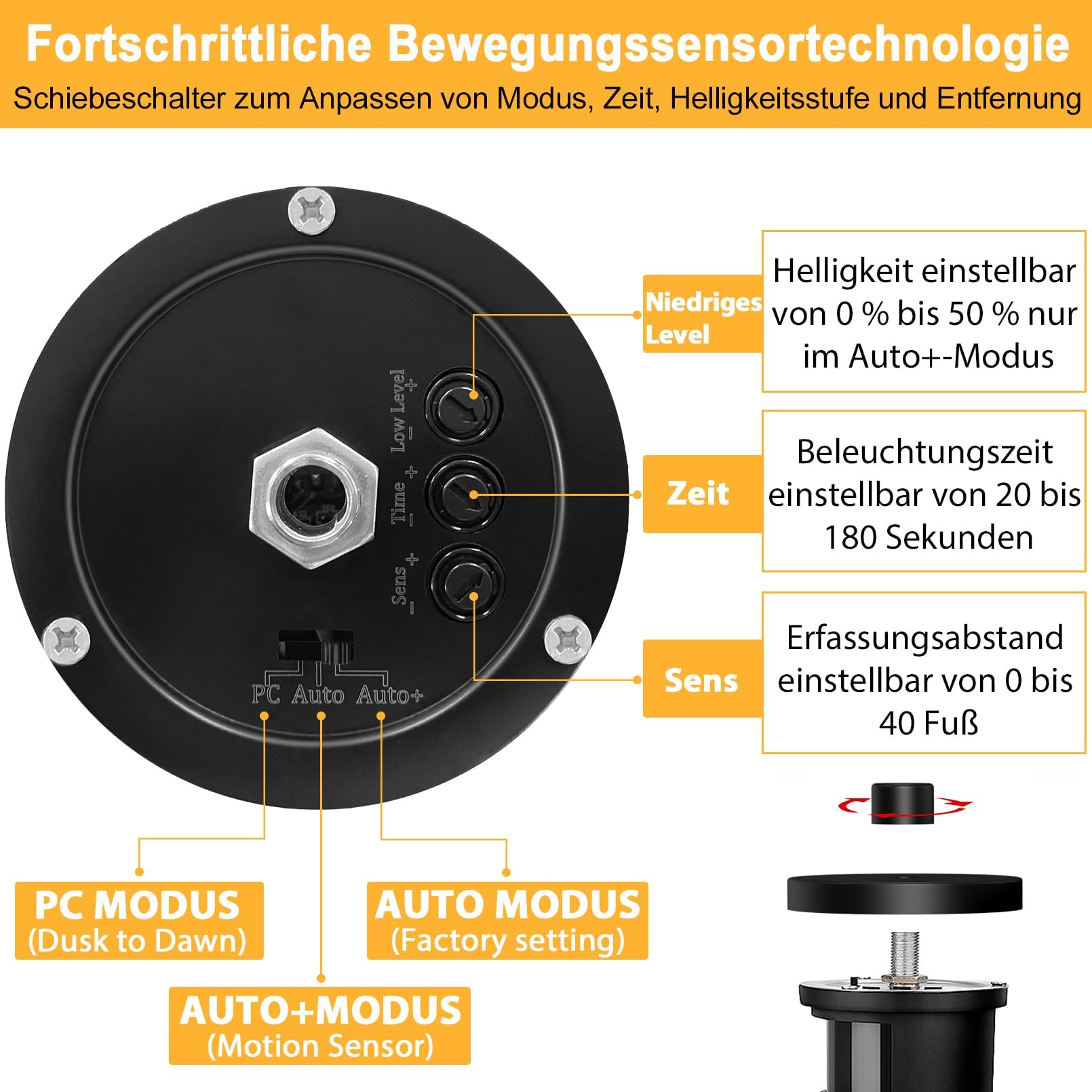 Aussenlampe mit Bewegungsmelder, 3 Beleuchtungsmodi Lampe mit Bewegungsmelder Aussen, E27-Fassung Wasserdichtes Aluminium Außenwandleuchte Led für Haus