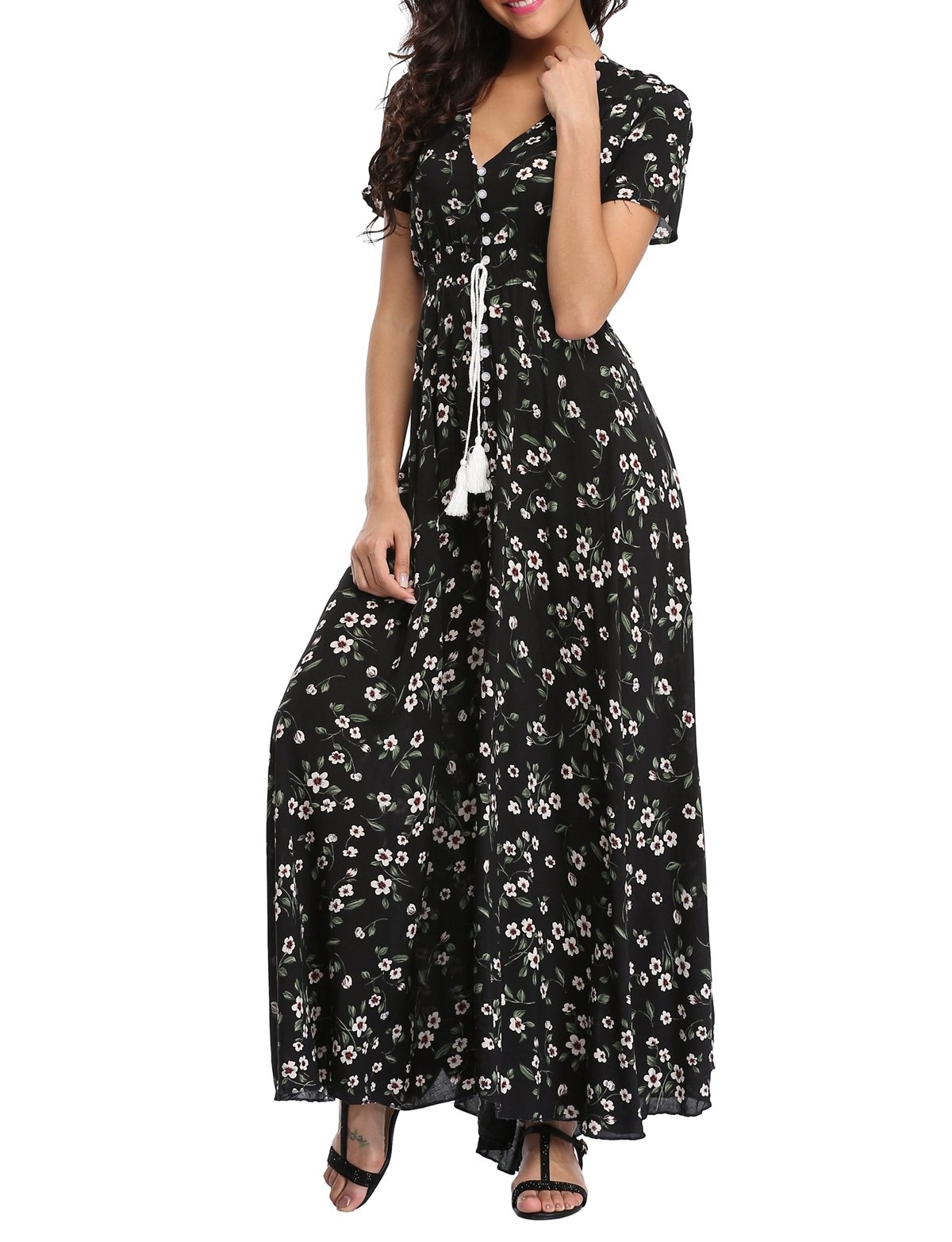 Women's Floral Maxi Dresses Casual Long Summer Boho Beach Dress Short Sleeve Button Up Split Party Dress