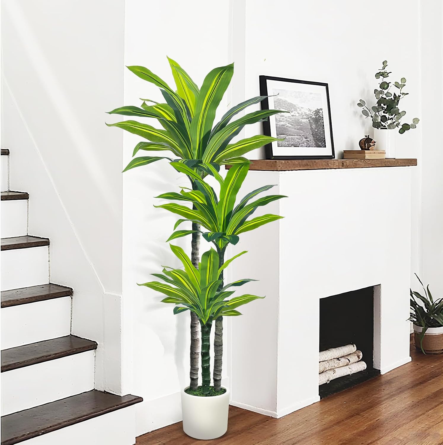 Artificial Dracaena Plant Indoor 5FT Fake Tree Tall Faux Plants Indoor Outdoor Decor with White Planter for Home Decor Office Living Room Porch Patio Housewarming (5ft)
