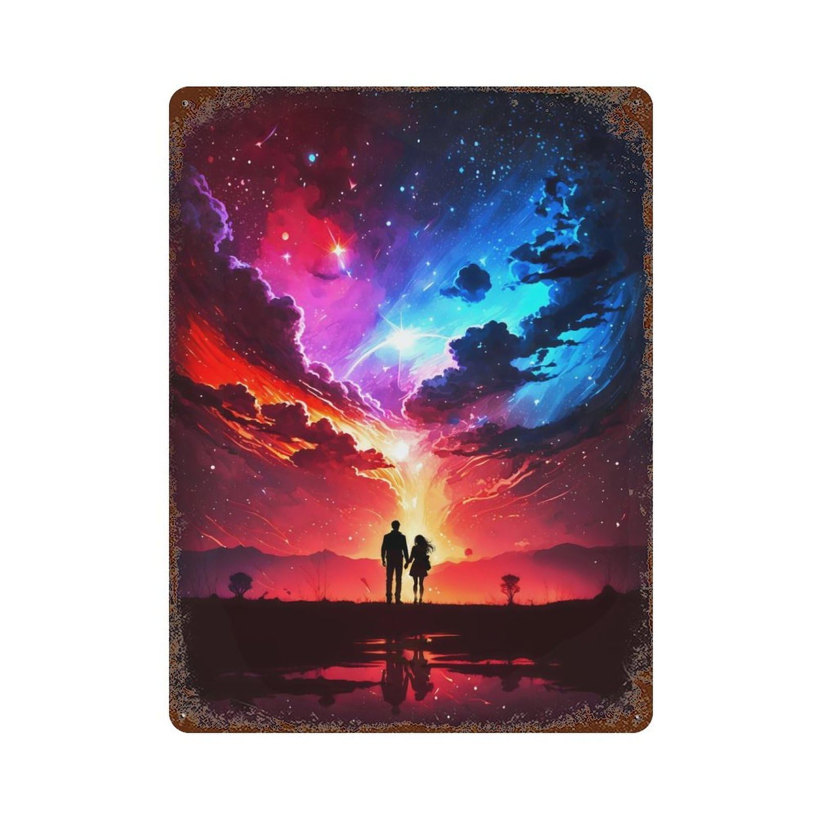 Couple Cosmos Landscape 15.7"x11.8" Aged Metal Wall Plaque, Novelty Wall Decor for Garage, Bar And Workshop Decor