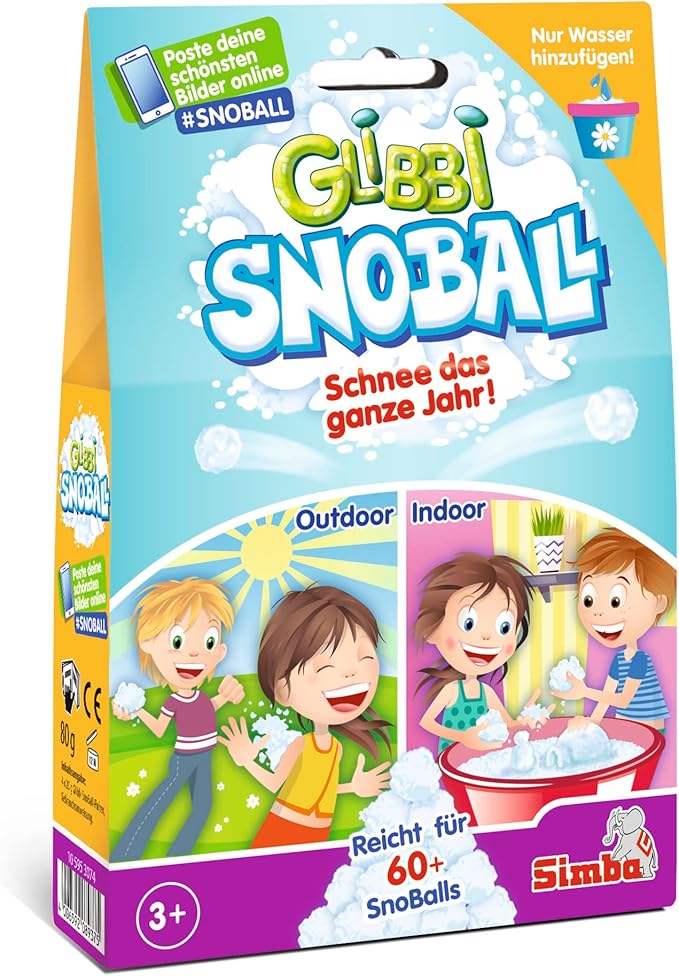 Simba 105953074 – Glibbi Snoball, Schneeballschlacht das ganze Jahr, Pulver verwandelt Wasser in Schnee, 4×20 g, 60 Bälle, Gelmasse, Snowball, Glibber, ab 3 Jahren [Exklusiv bei Amazon]