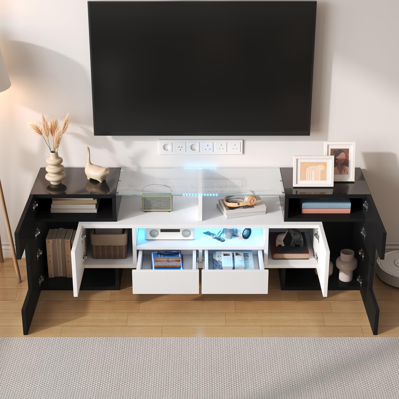 Moderner LED TV-Schrank für Fernseher bis 65 Zoll, Fernsehschrank mit 6 Schließfach, 2 Schubladen,Fernsehtisch mit Glastischplatte, Hochglanz TV Lowboard für Wohn- und Esszimmer (Schwarz + Weiß)