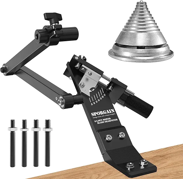 Lawn Mower Blade Sharpener and Balancer, 15°-45° Adjustable Mower Blade Sharpening Tool with Blade Balancer Kit Many Types of Mower Blade, Black
