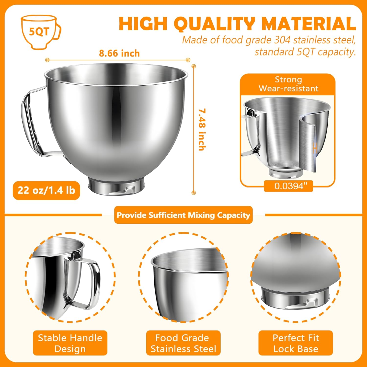 5 QT Mixer Bowl with Lid for KitchenAid Tilt-Head Stand Mixers, Food-Grade Stainless Steel Mixing Bowl Replacement with Anti-slip Handle and Splash-proof Cover, Dishwasher Safe, Artisan&Classic Series
