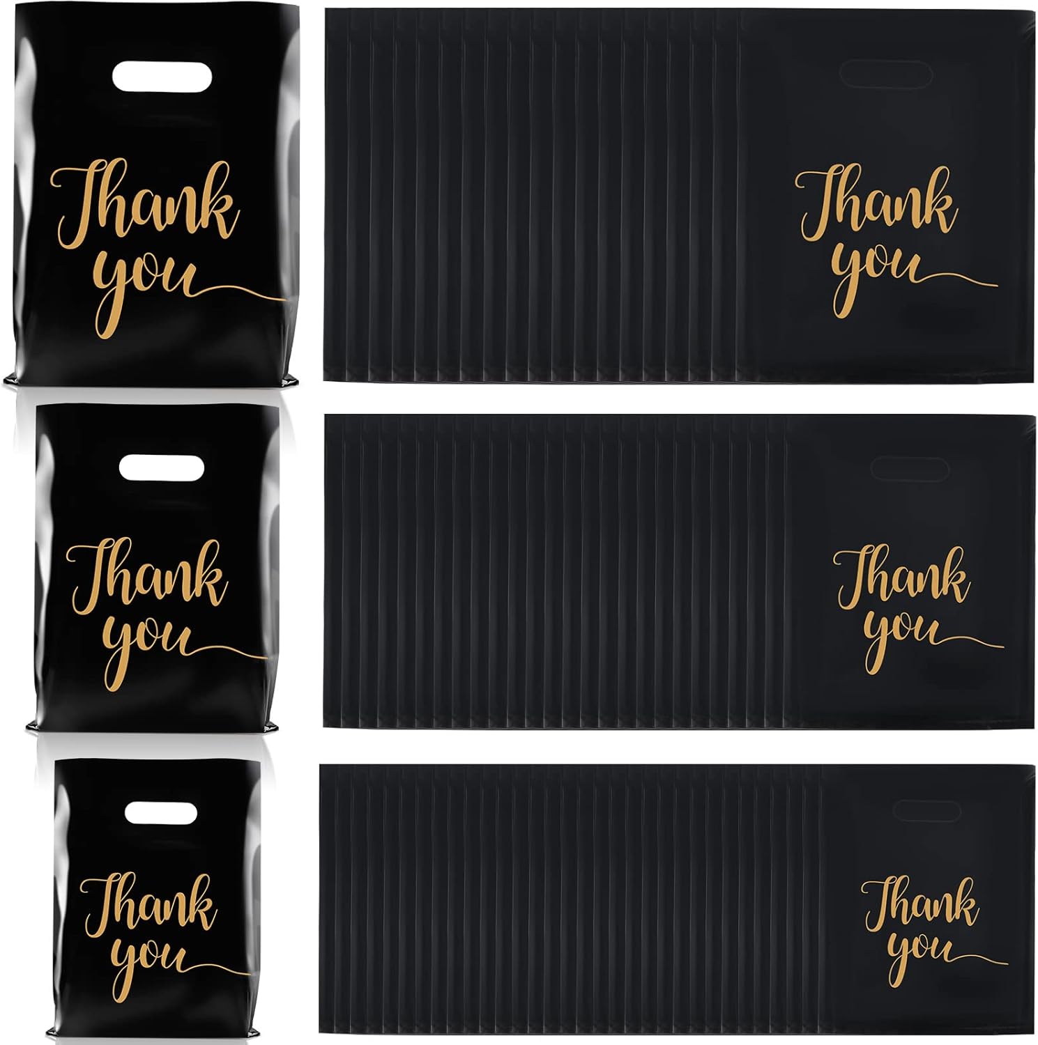 Mimorou 200 Pcs Thank You Merchandise Bags 2.36 Mil Die Cut 3 Size Plastic Retail Thank You Shopping Gift Bags, 9 x 12 Inch, 12 x 15 Inch, 15 x 18 Inch(Black with Gold)