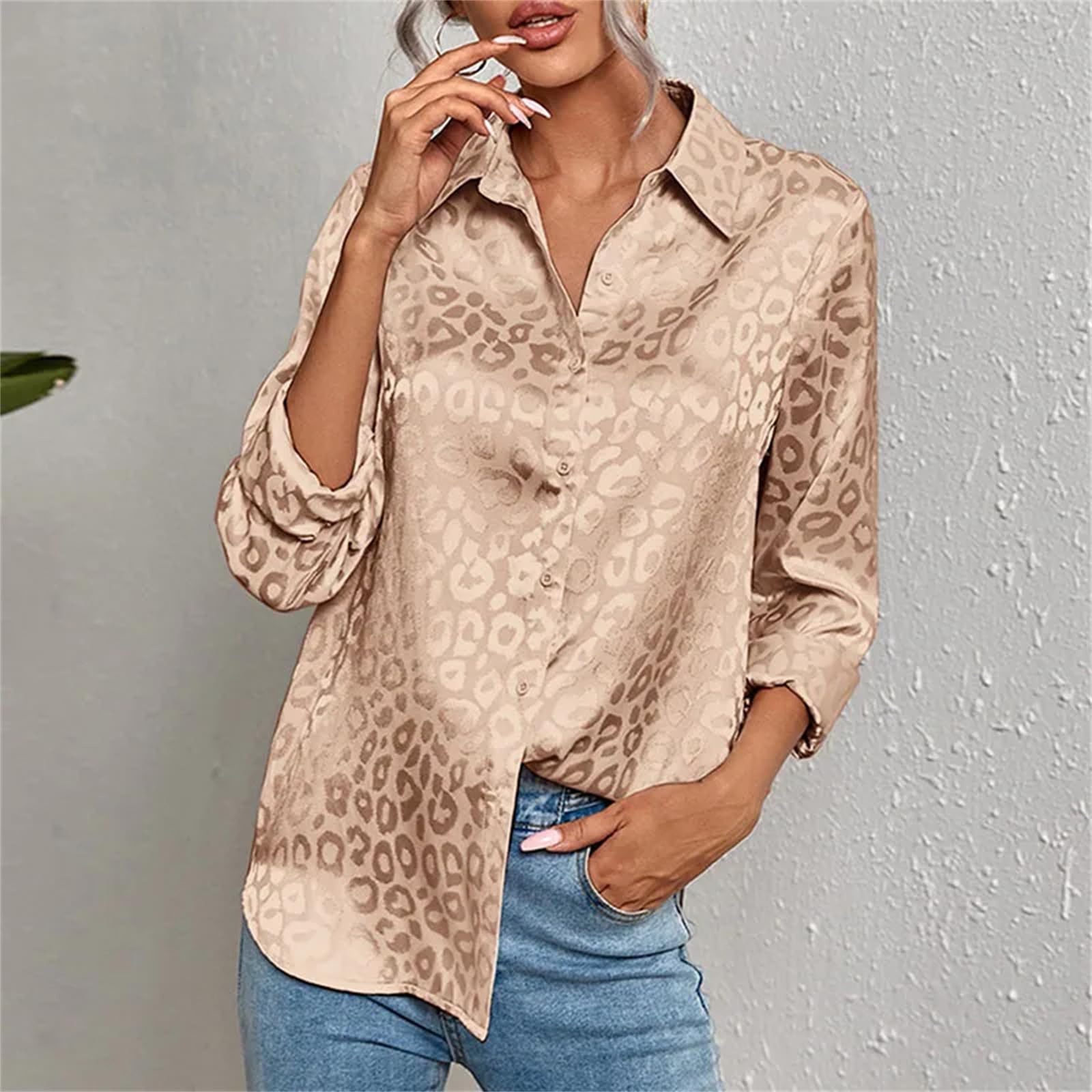 Bluse Damen Frauen Elegante Leopard Print Lose Bluse Frühling Sommer Langarm Satin Revers Shirt-e-s
