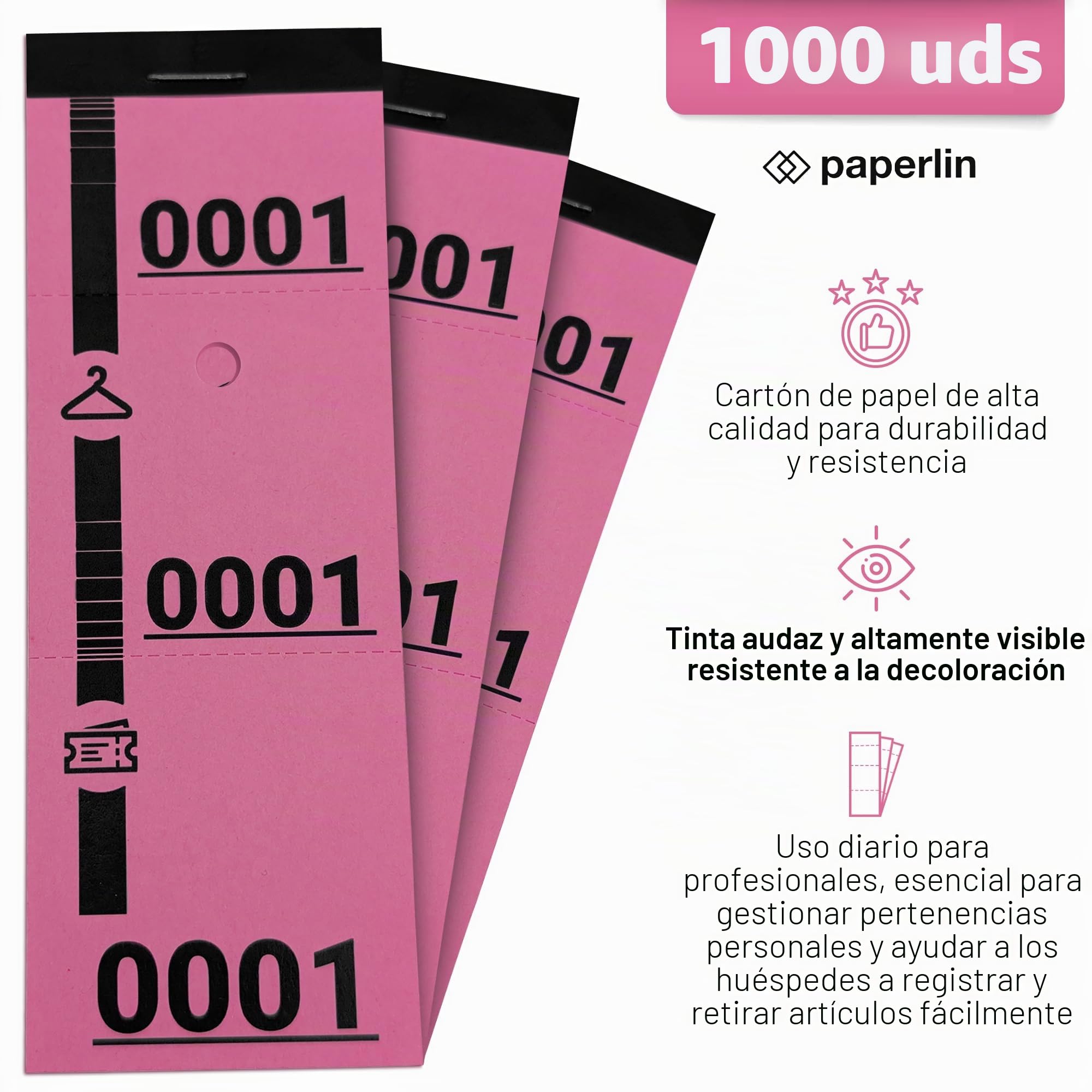 1000 fichas de guardarropa de cartón, numeradas y perforadas, ideales para gestión de guardarropa, eventos, rimbola y recepciones, 3 piezas precortadas, 5 x 14 cm, 20 juegos de 50 entradas (rosa)