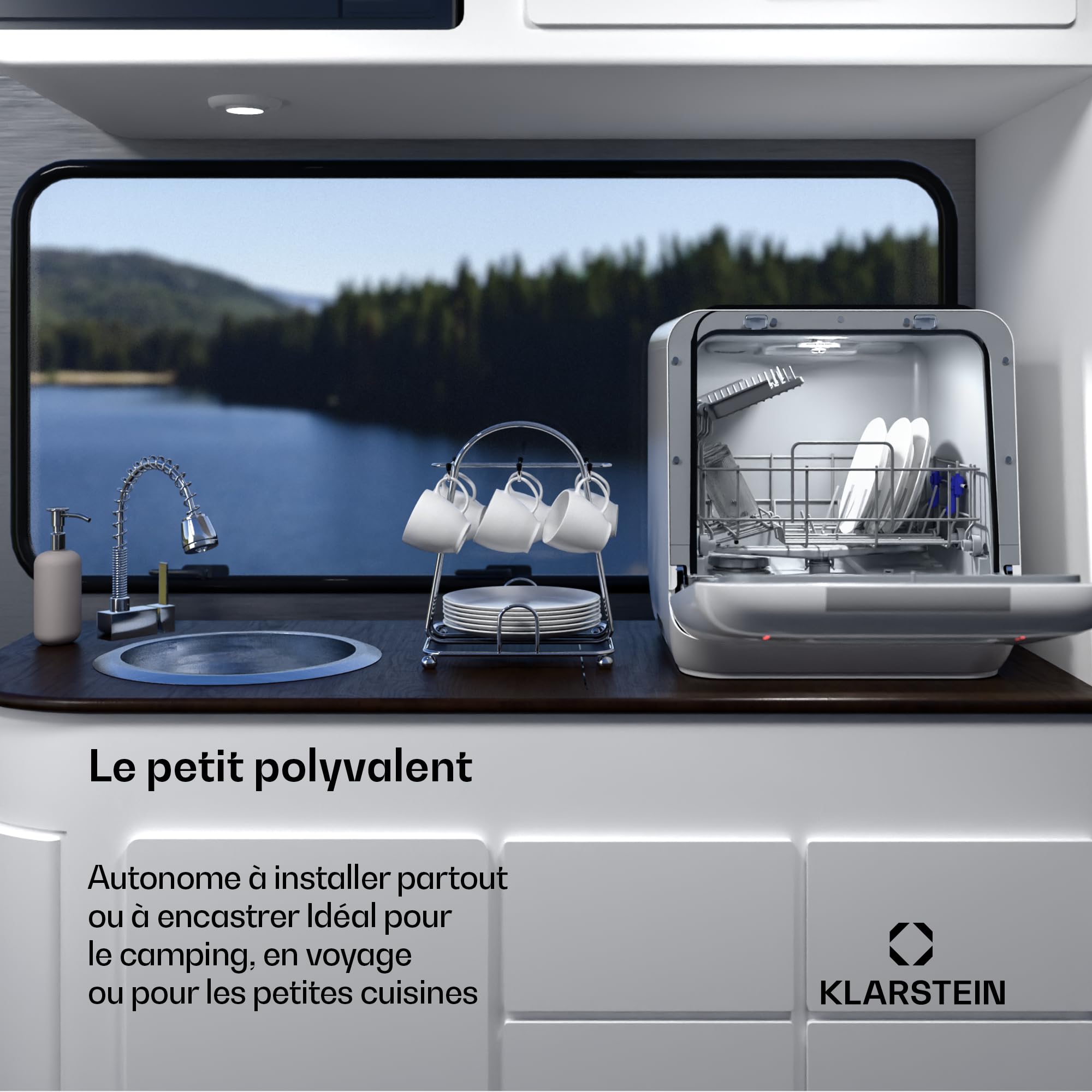 Klarstein Aquatica Mini Lave Vaisselle – Compact, Sans Arrivée d’Eau, 3 Programmes, 5L, 2 Couverts, Lave Vaisselle de Table Portable, Éco, Silencieux 58dB, Idéal Petit Espace