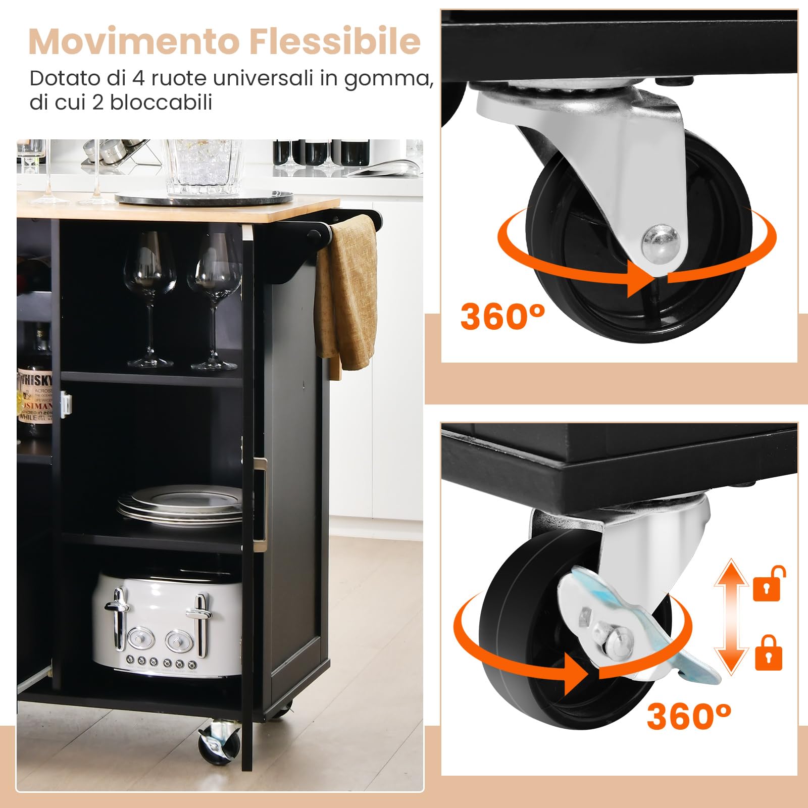 GYMAX Carrello da Cucina, con 2 Armadietti, 1 Cassetto, 1 Scomparto e 1 Portabottiglie, Tavolo Isola per Servizio con 4 Ruote, Portaspezie e Portasciugamani, 130 x 74 x 90 cm (Nero)