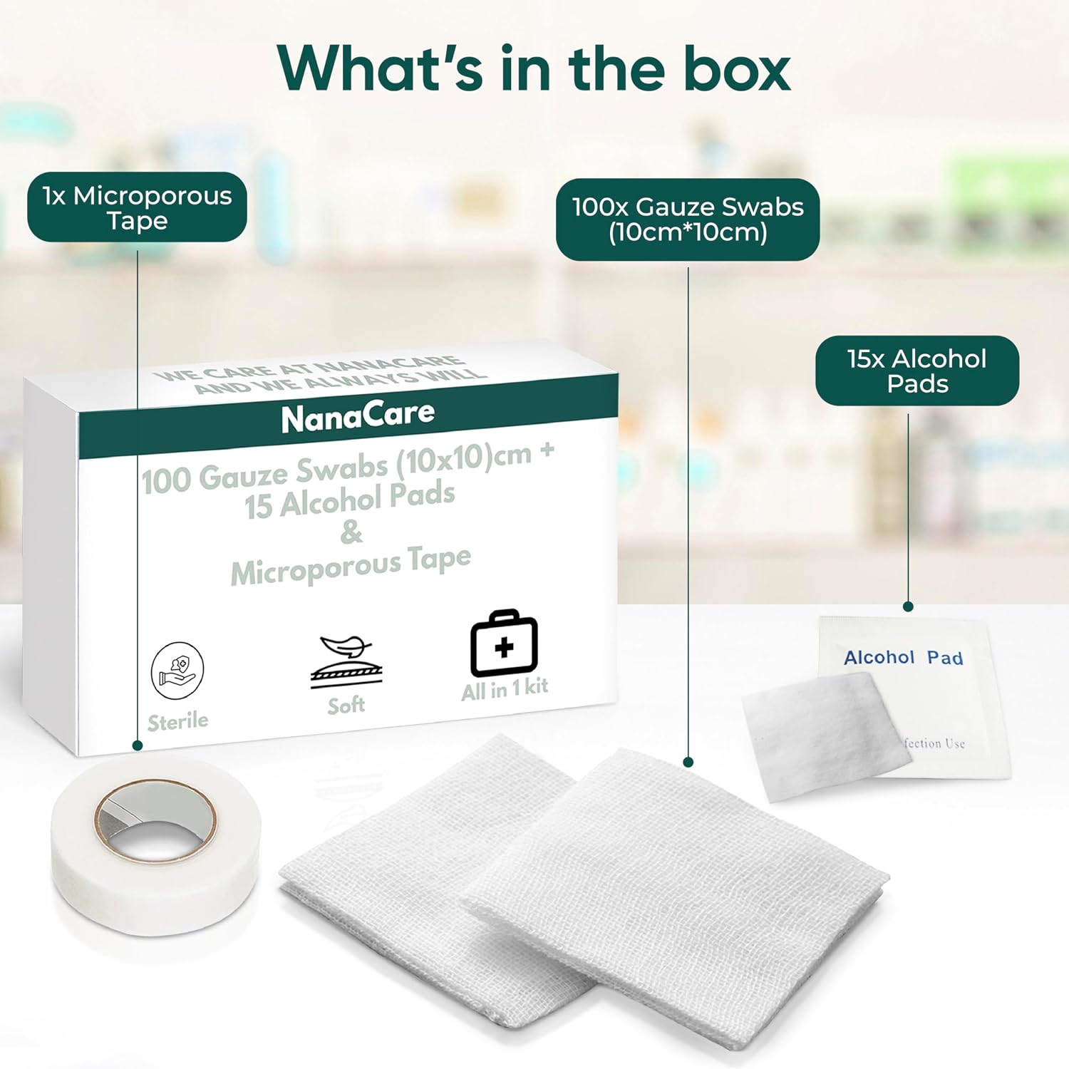 100pc Sterile 4x4 Non-Stick Gauze Pads with Adhesive Medical Tape & 15 Alcohol Wipes – Hypoallergenic Highly Absorbent Non-Adherent Dressing Sponges for Effective Wound Care and First Aid Supplies
