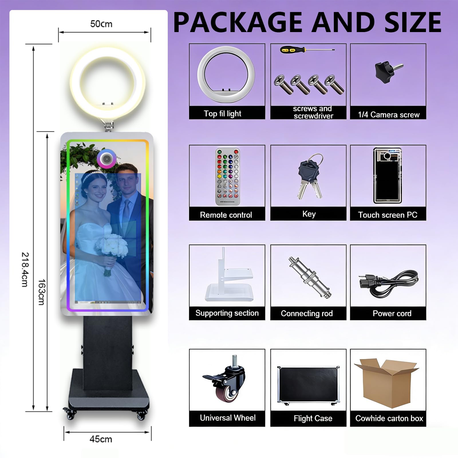 Magic Mirror Photo Booth z ekranem dotykowym 81.3 cm, fotobudka do selfie z futerałem lotniczym, fotobudka RGB na imprezę, wydarzenie, wynajem weselny (czarna, fotobudka)