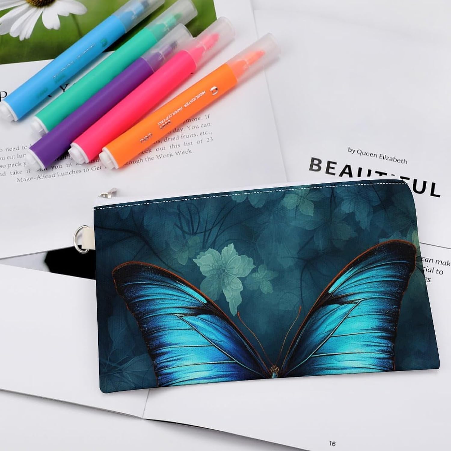 Blue Butterfly Pattern Coin Purse Pouch for Men Women Travel Portable Check Wallet Zipper Bank Bag Canvas Coin Wallet Money Bag 7.4 in X 4.6 in Money Pouch Lightweight Change Holder