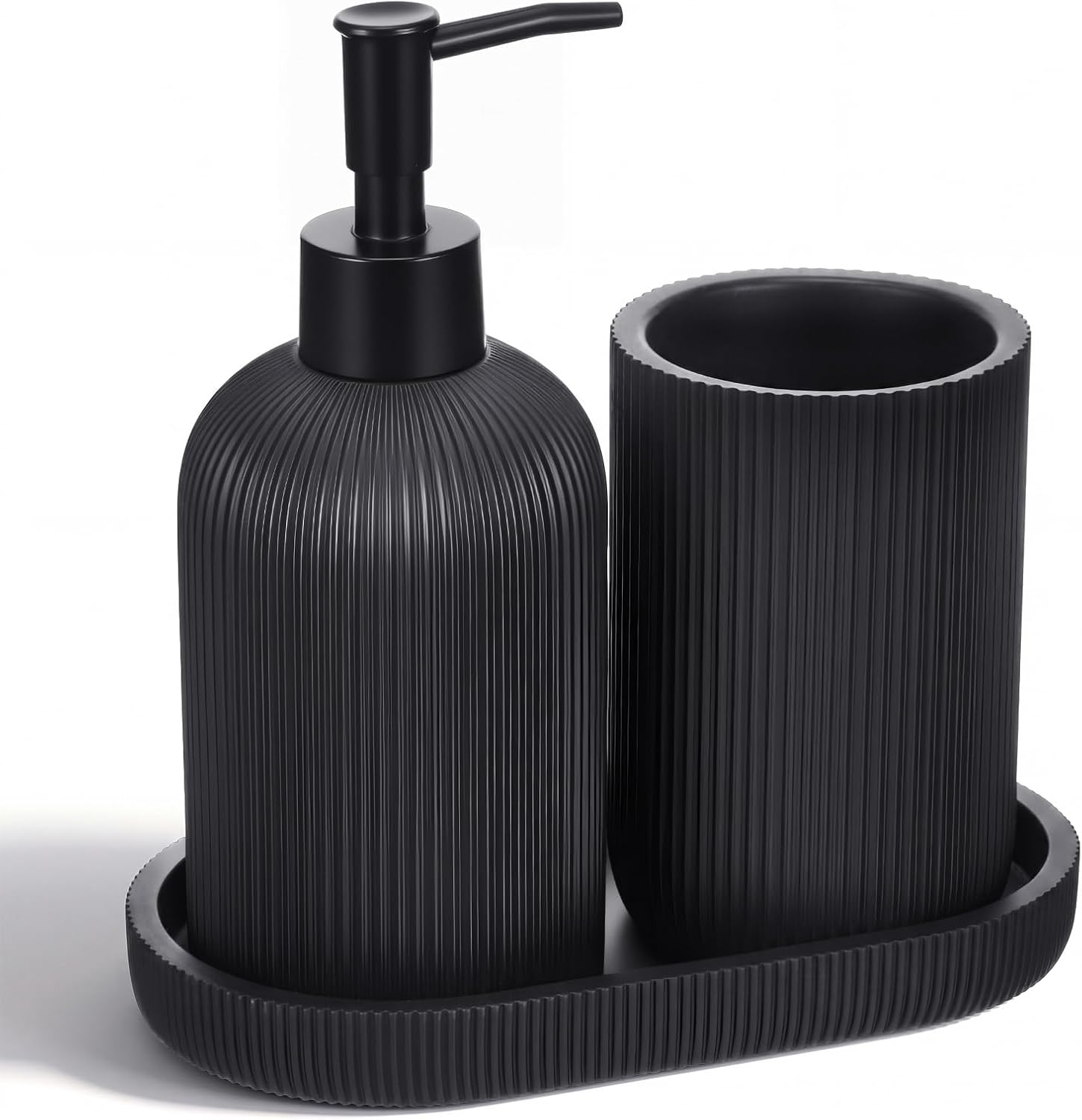 Black 3 Pcs Toothbrush Holder, Soap Dispenser and Toothbrush Holder, Stripes Decorative Tray Set, Vanity Tray for Bathroom, Frosted Farmhouse Decor