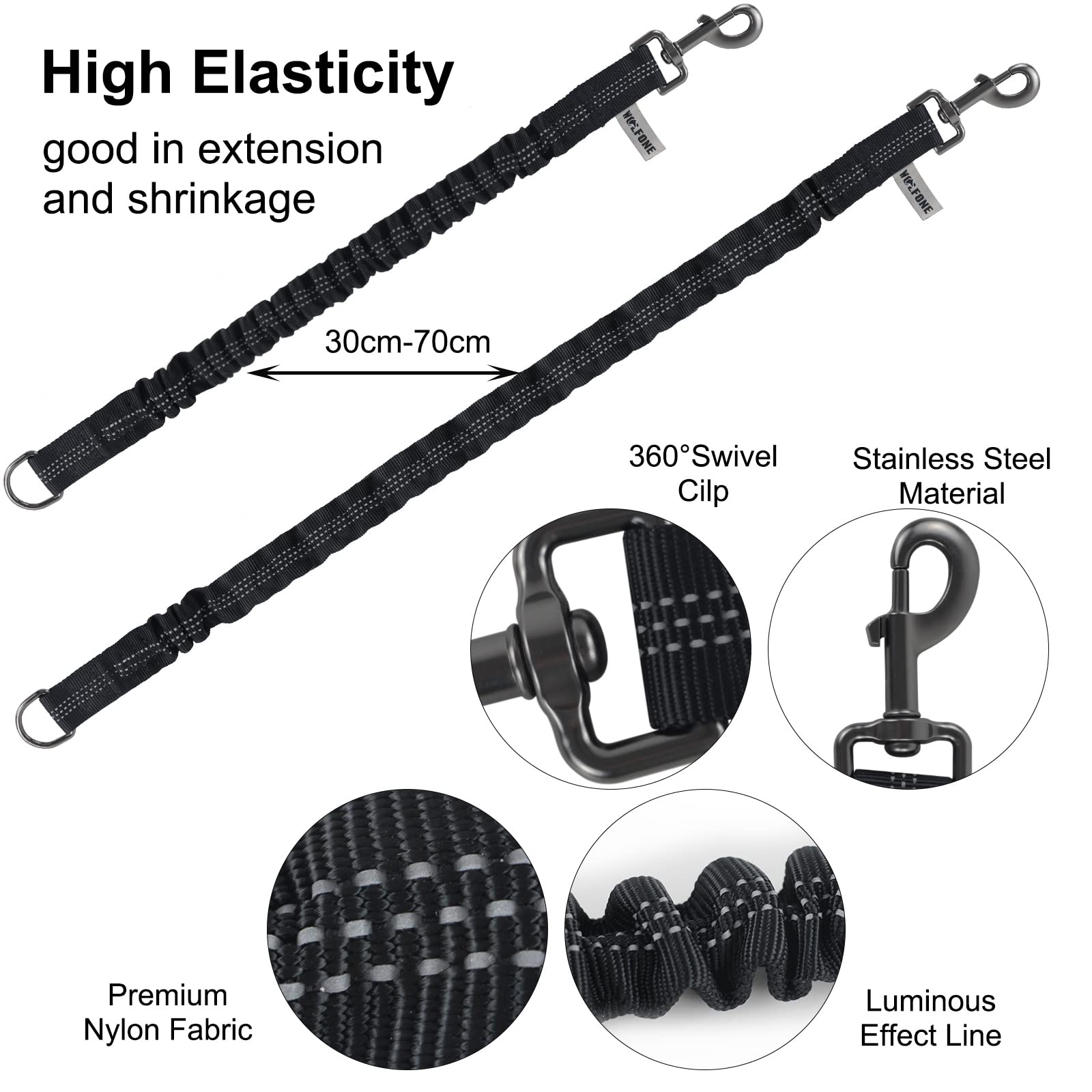 Wolfone Shock Absorber Lot de 2 laisses élastiques réfléchissantes pour Chien pour la Course, l'entraînement, Le Rappel Noir
