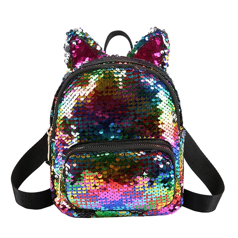 Girls Sequins Cat Ears Zipper Backpack Mini Durable School Bag Travel Pouch Colorful