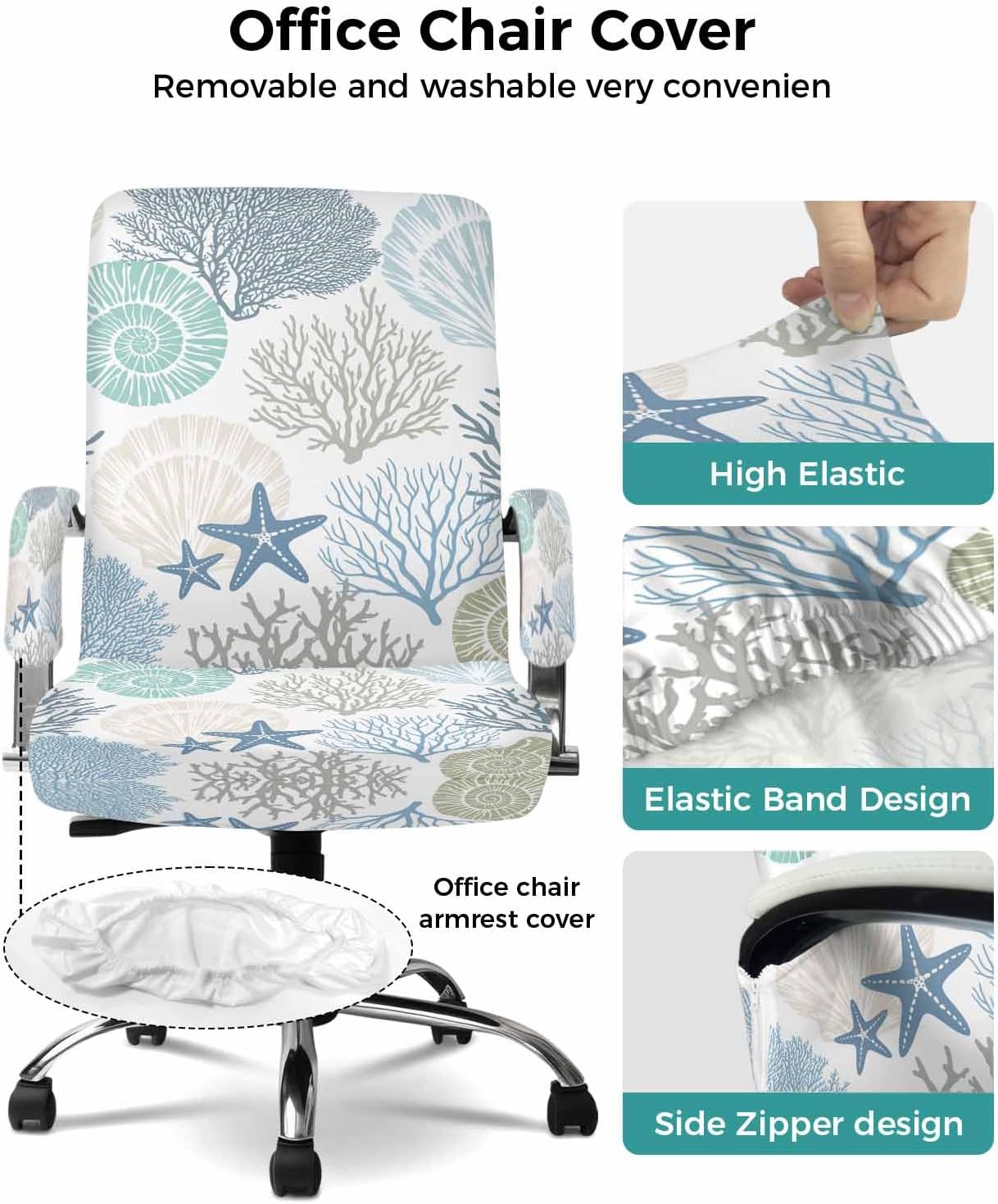 DecorLovee Coastal Office Chair Cover with Armrest Covers & Zipper, Summer Beach Blue Teal Coral Spandex Computer Chair Covers, Nautical Starfish Universal Rotating Desk Chair Slipcovers Protector, M
