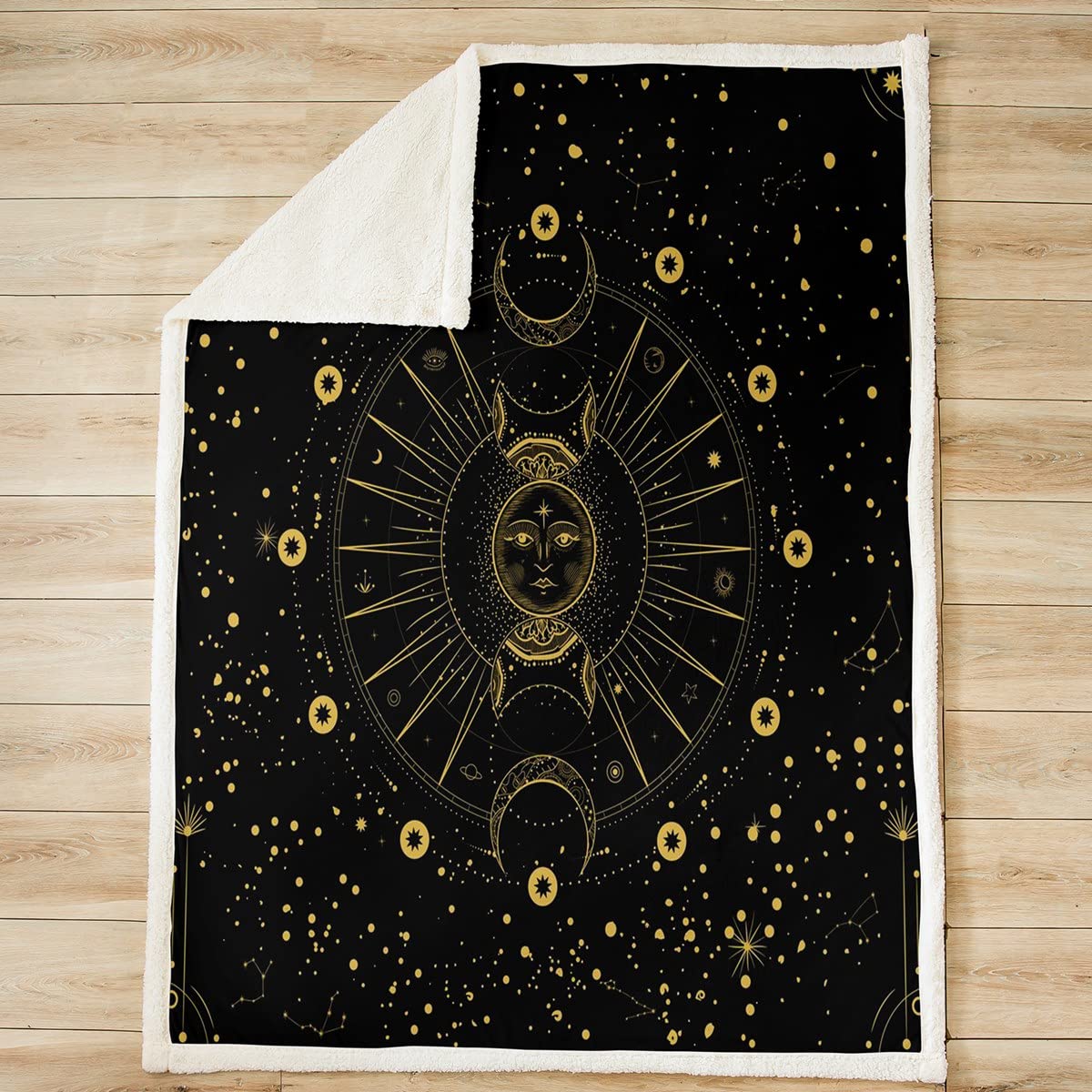 Słońce i księżyc narzuta koc boho egzotyczny pluszowy koc dla dzieci chłopców dziewcząt galaktyka astrologia koc szerpa boho puszysty koc na sofę łóżko, czarny i złoty, podwójny, 152 x 180 cm