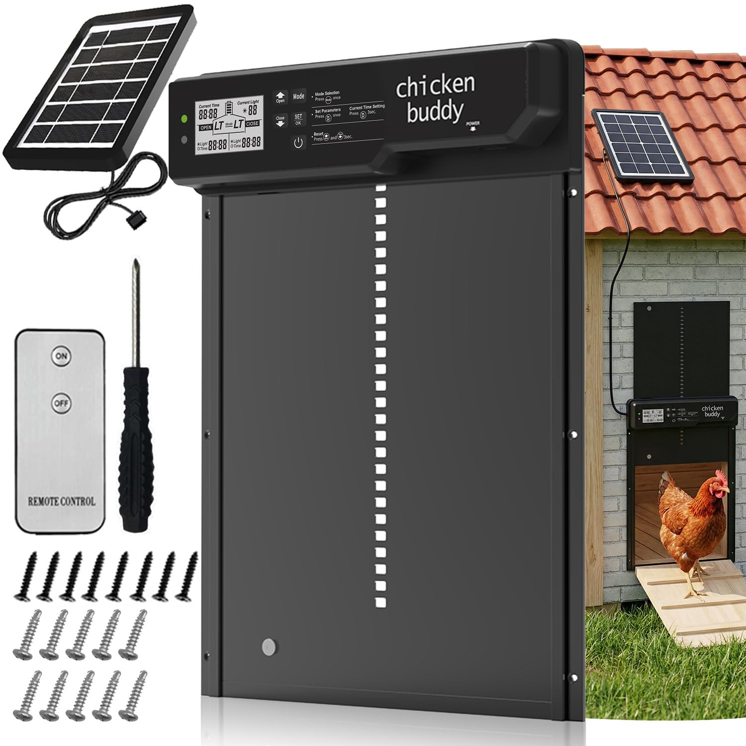 Grande Porte Automatique Poulailler Solaire en Alliage d’Aluminium, avec Télécommande, Capteur de Lumière, Minuterie, Sécurité Anti-Pincement, IP65 Étanche, Chargement Solaire ou Batterie, Écran LCD