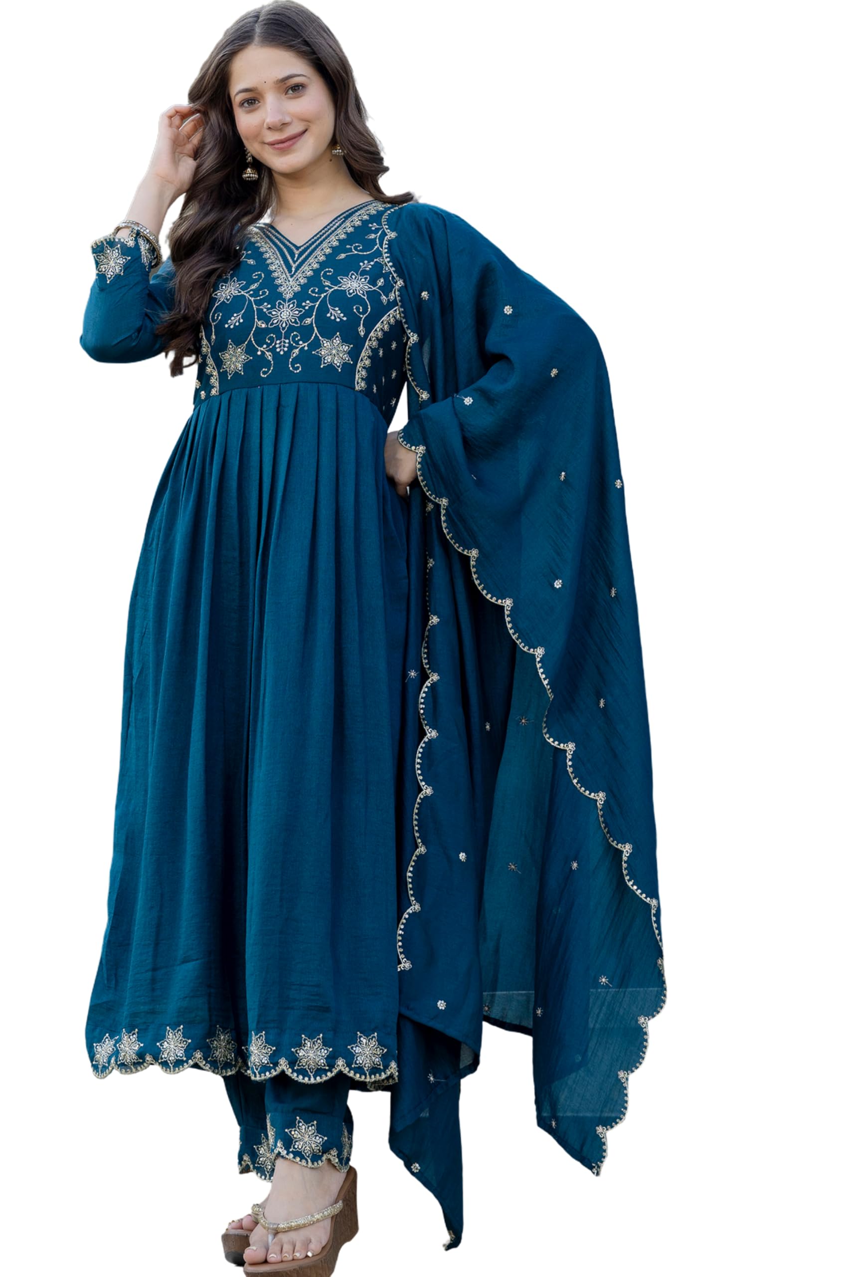 ONPEAK Designer Anarkali Suit Set Kurti Pant Dupatta Embroidered Wedding Festive Party Wear, Blue, S — image 1