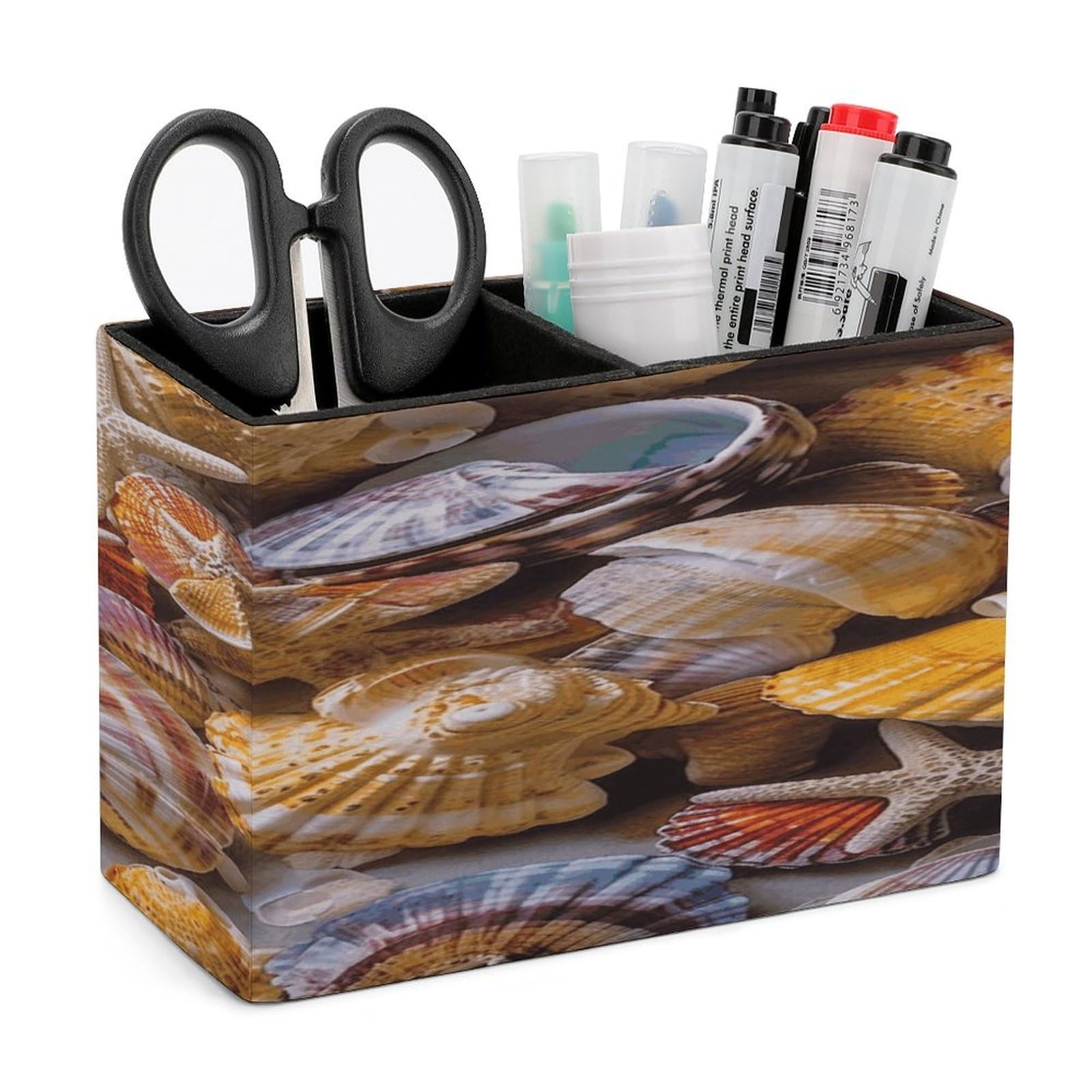 LZQPOEAS Sea Shell Treasures Leather Pen Holder Square Pencil Holder Multi-Functional Desk Organizer Modern Pen Cup Pencil Cup Minimalist Desktop Stationery Organizer for Desk Office Home