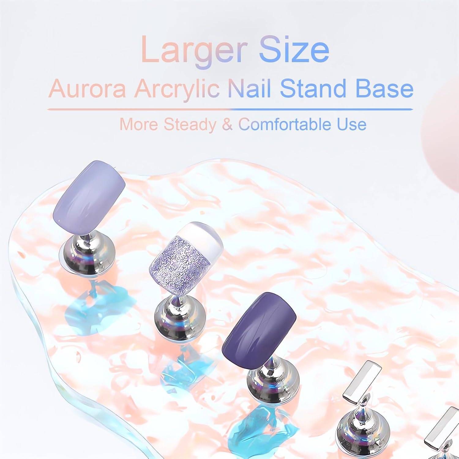 Press On Nail Stand Set - 2 Pcs Aurora Arcrylic Nail Holder for Painting Nails With A Mini Clear Nail Stand Base, Two Color Metal Nail Holders,Reusable Sticky Putty For Nail Art & Display