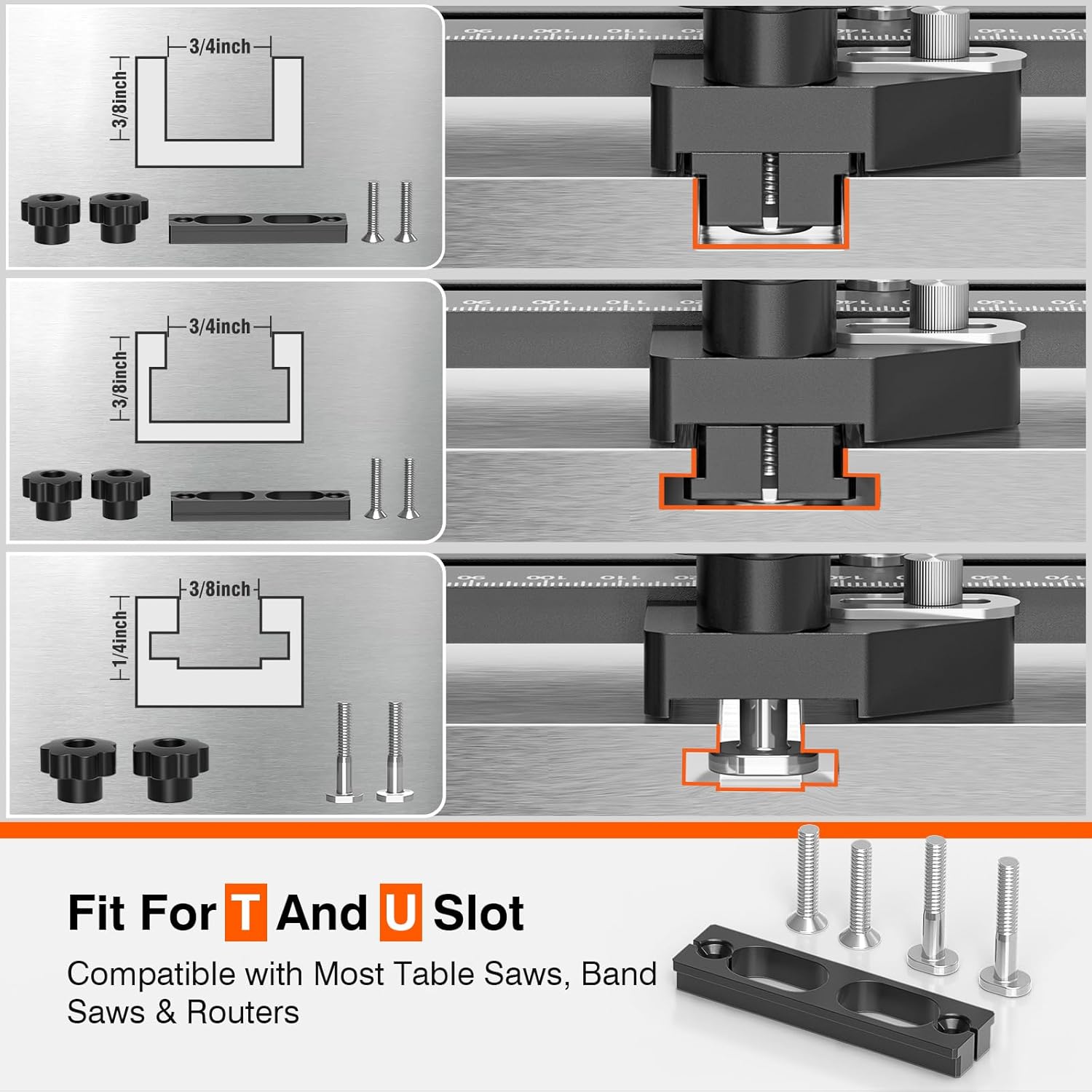 Thin Rip Jig Table Saw Jig Guide, One-Way Dual-Bearing Safety Roller for Repetitive Narrow Strip Cuts, Fits 3/8"×3/4" T-Slot & U-Slot, 1/4"×3/8" T-Slot, for Table Saw, Band Saw & Router Table