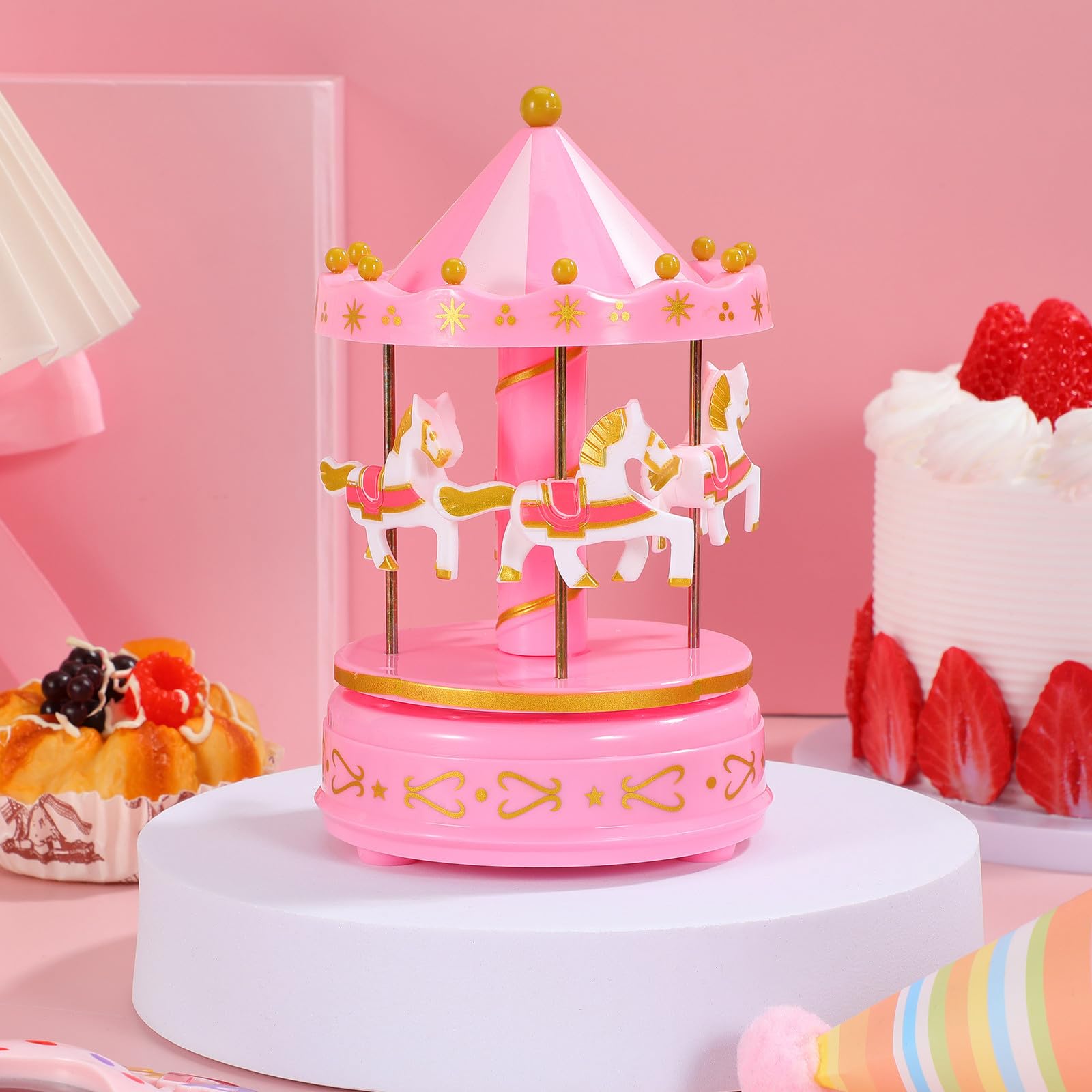 Holibanna Caja de Música y Artesanía Exquisita de Carrusel Rosa Portátil y Fácil de Operar Diseño Romántico para Obsequio en Navidad y Año