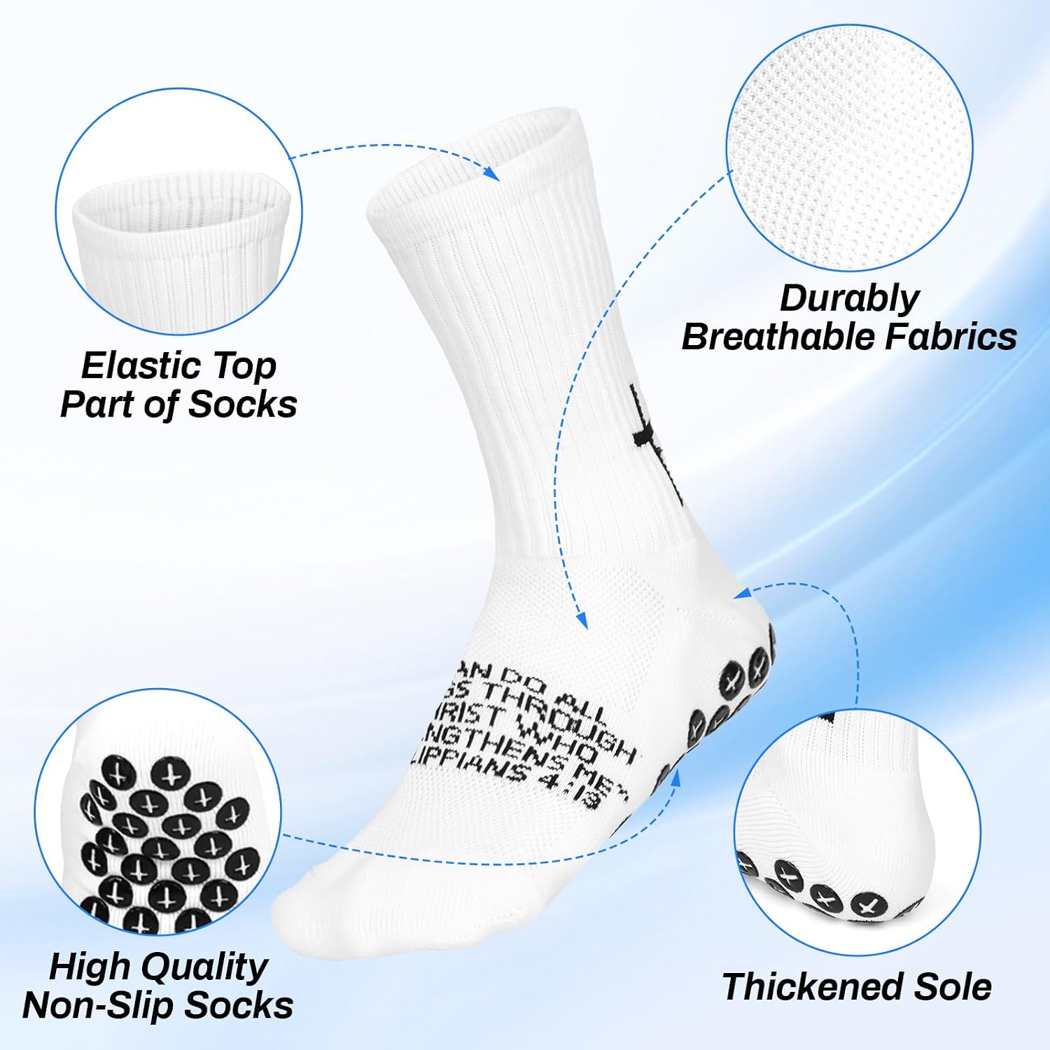Meudid Grip Soccer Socks with 3 Crosses - Anti-Slip Christian Sock with Bible Verse for US 6-13