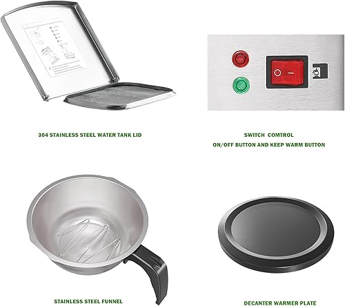 Miniatura 7 de Cafetera comercial de 12 tazas, cafetera de goteo de llenado manual con 3 jarras de vidrio, 3 calentadores, cafetera de acero inoxidable con
