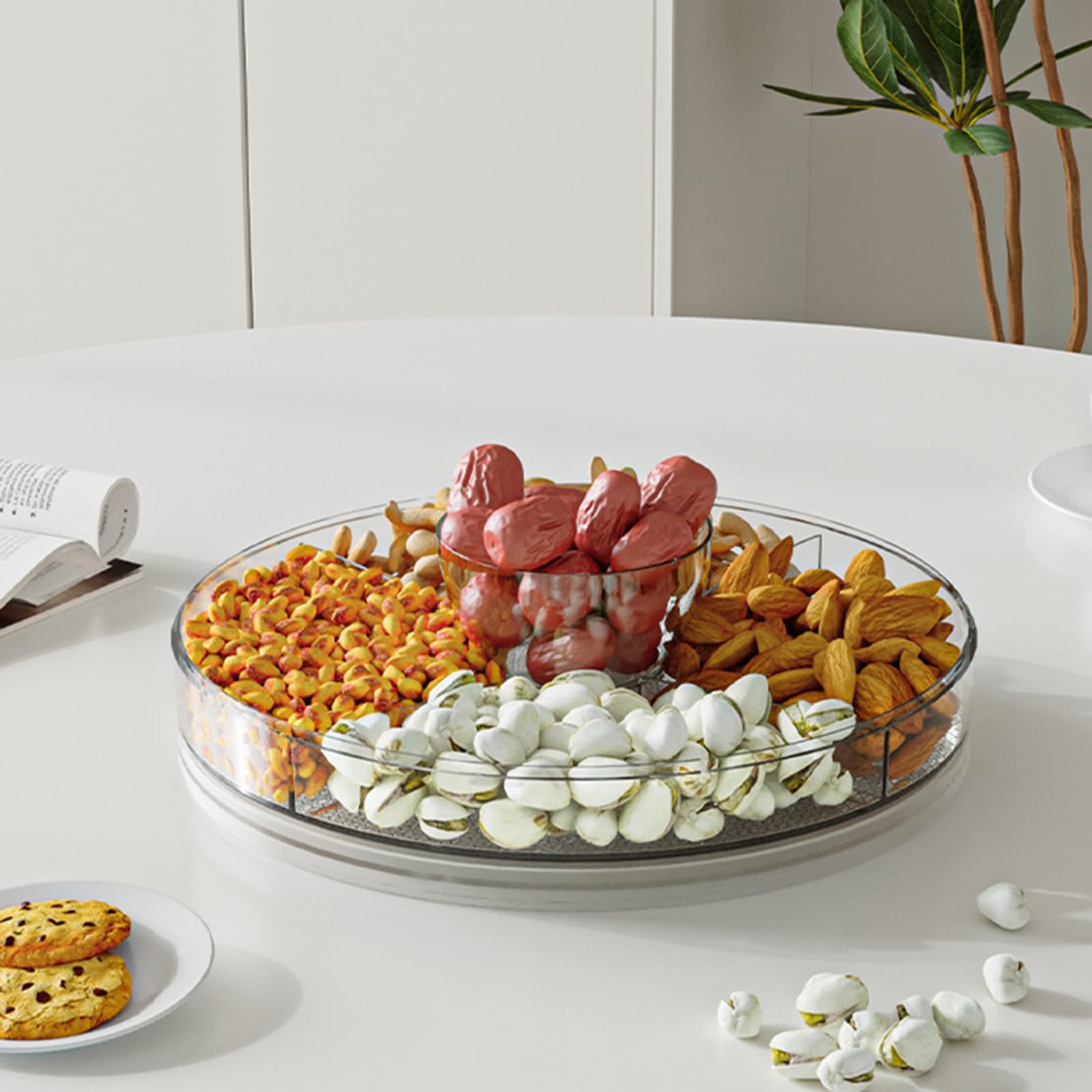 Vassoio trasparente a 360 gradi, 4 sezioni divise per snack, preparazione esposizione, riunioni di famiglia, uso quotidiano, soluzione salvaspazio da cucina