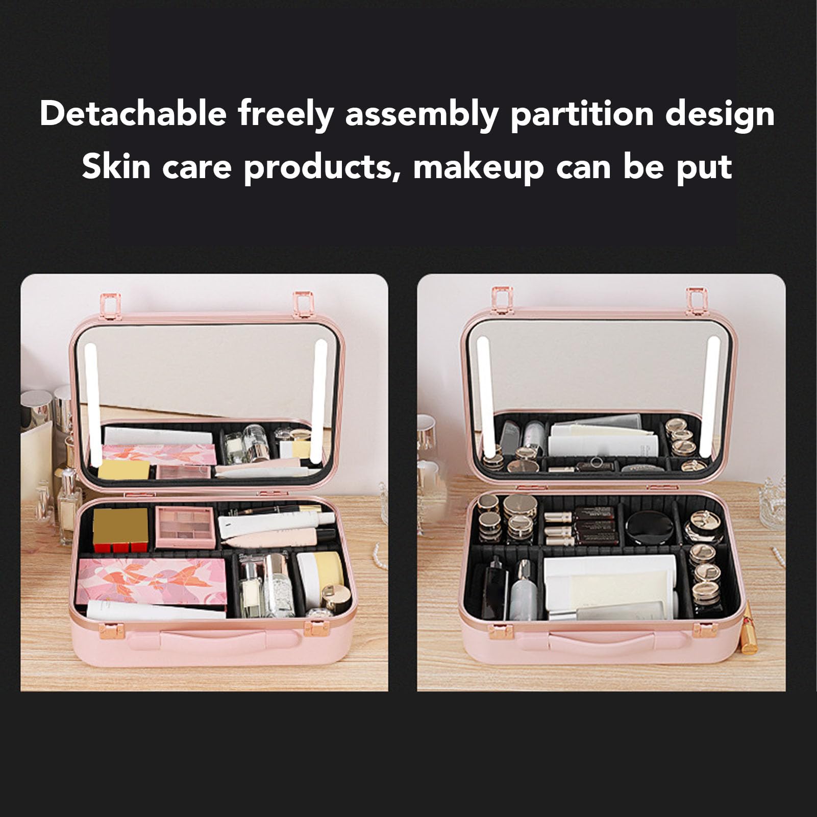 Reise Make-Up Tasche Mit LED-Spiegel, 3 Farbe Und Stepless Dimmbarer Wieder Aufladbarer Kosmetischer Zug Koffer Mit Teiler Und Make-Up Pinsel Halter Tragbarer Kosmetischer Organize