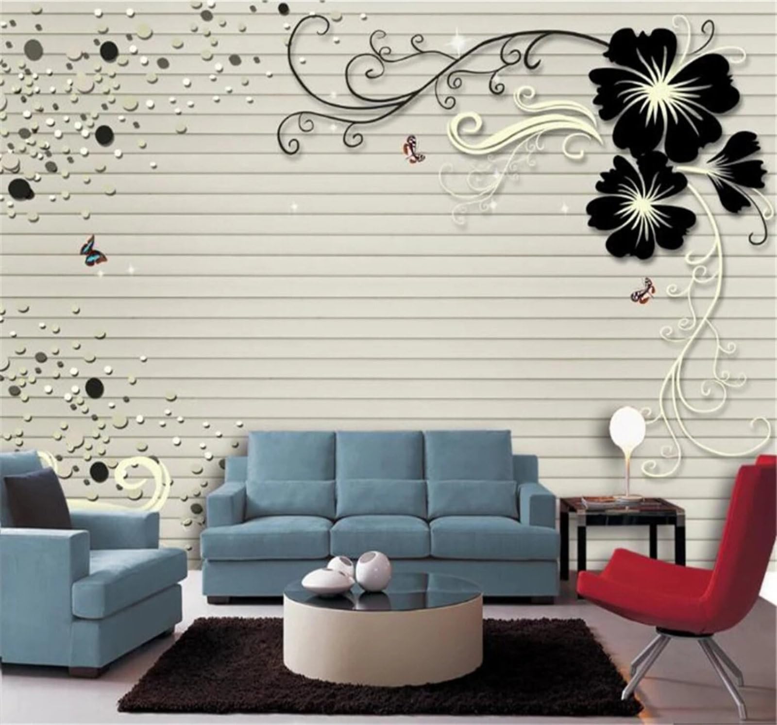 Wallpaper-3D-Xlm 350Cm×256Cm(B×H) Romantic Three Dimensional Black Flowers Butterflies 3D Wallpaper Easy Install Feature Office Living Room Sofa Bedroom Tv Background Wall Decoration-350Cm×256Cm