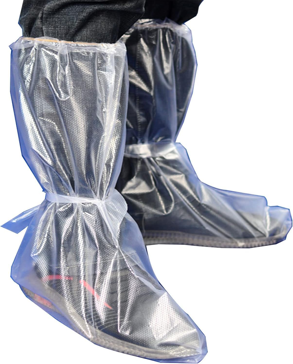 Disposable Boot and Shoe Covers–Durable Non Slip Protection - 18" Tall Foot Protectors - Water/Skid Resistant Overcover Shoes - 10 Pairs Clear
