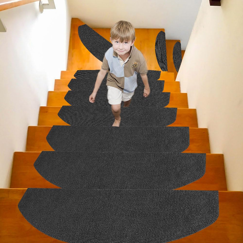 Lot de 15 Tapis Escalier Antidérapant pour Intérieurs et Extérieurs,Tapis D'escalier Polyester&Caoutchouc Fond, Couvre Marche Escalier en Moquette pour Enfants,Personnes âgées et Animaux Domestiques