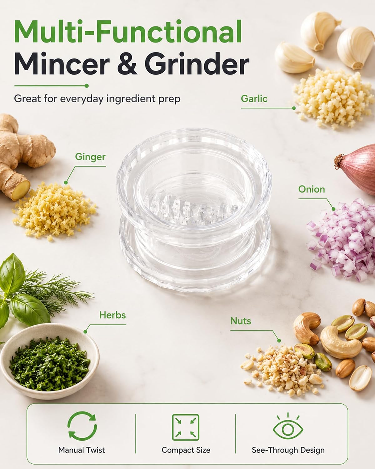 Clear Manual Garlic Twister and Ginger Mincer Tool,Multi Functional Garlic Mincer Grinder,Practical Kitchen Gadget for Mincing Garlic,Ginger,Onion,Nuts & Seasoning Herbs