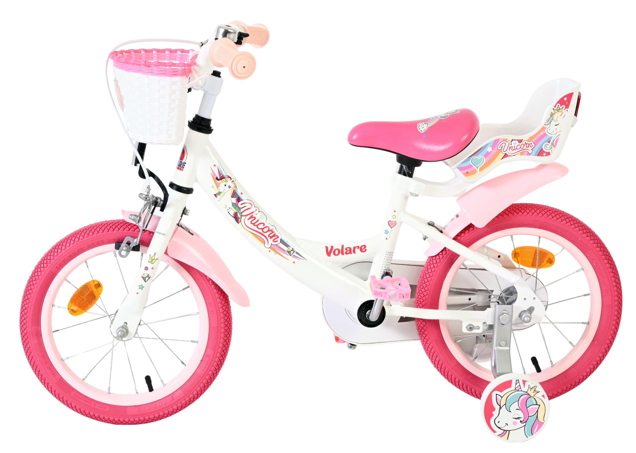 Volare Einhorn Kinderfahrrad Wit | 3,5–5 Jahre | 14-Zoll-Räder | 2 Handbremsen | Stützräder | Verstellbarer Sattel | Puppensitz Achter & Korb voor | Geschenk voor meisjes