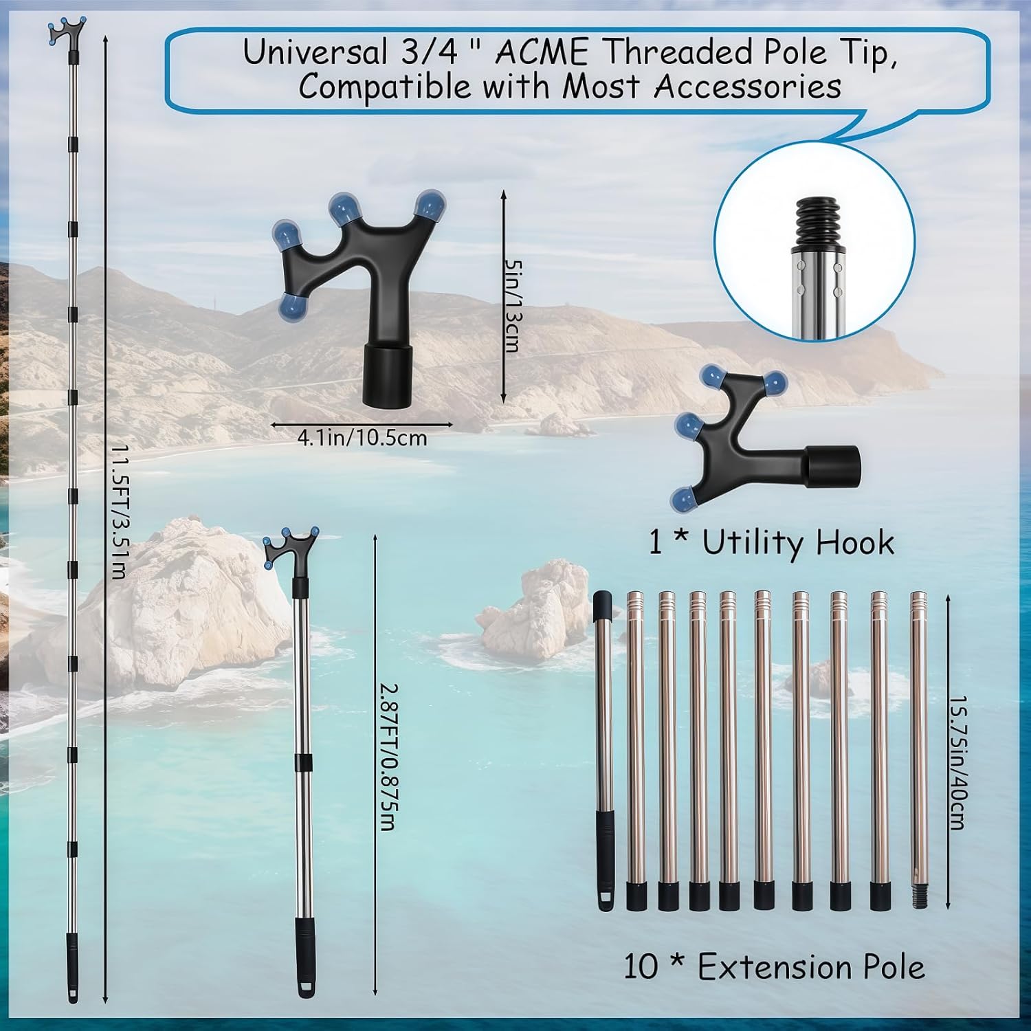 Boat Hook with 3-12Ft Adjustable Extension Pole, Push Pole for Boat, Stainless Steel Boat Accessories with Protective Rubber, Threaded End Poles Splicing Rod Kit for Docking, Push-Pull and Boating