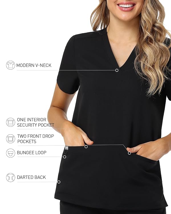 Scrubs for Women, Anti-Wrinkle Tailored Fit V-Neck Scrub Tops with 3 Pocket-Black L by COMENII - Used condition - Image 6
