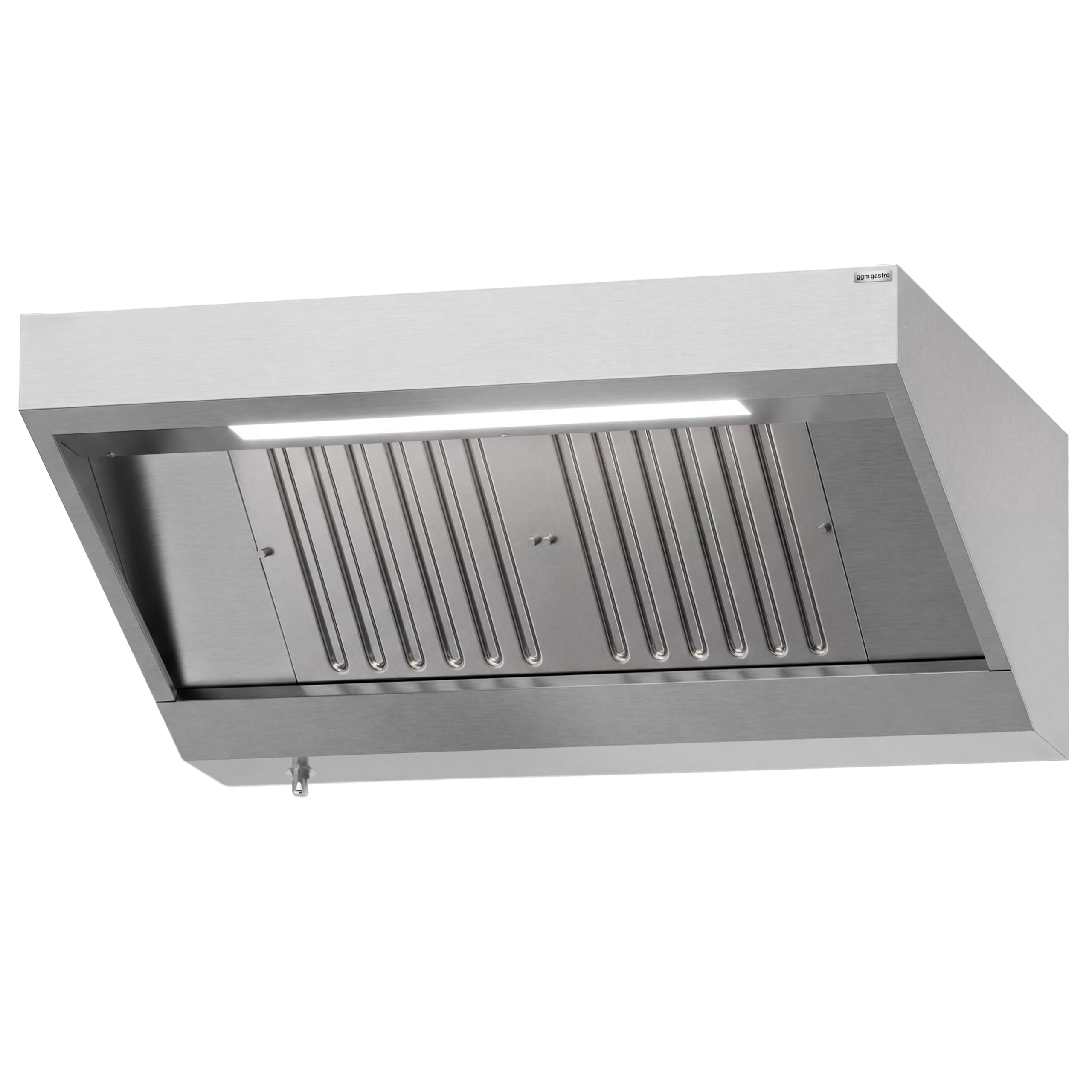 GGM Gastro Wandhaube 1200 mm mit LED | Hochwertiger Edelstahl, einfache Reinigung, integrierte Fettfangrinne mit Ablasshahn, optimale Absaugung, langlebig
