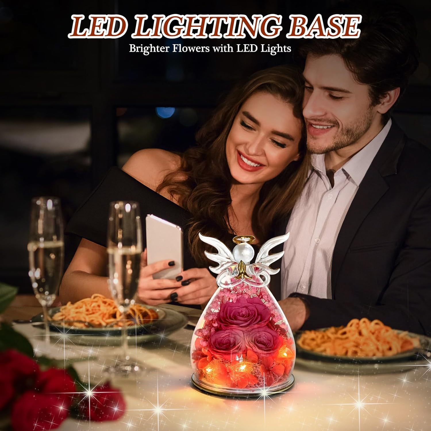 Preserved Rose Gifts for Women Birthday, Forever Flower in Glass Angel Figurines Fresh Flowers for Delivery for Mom Real Colorful Roses for Grandma Sister Wife Her from Daughter-Red (Pink) - Image 5