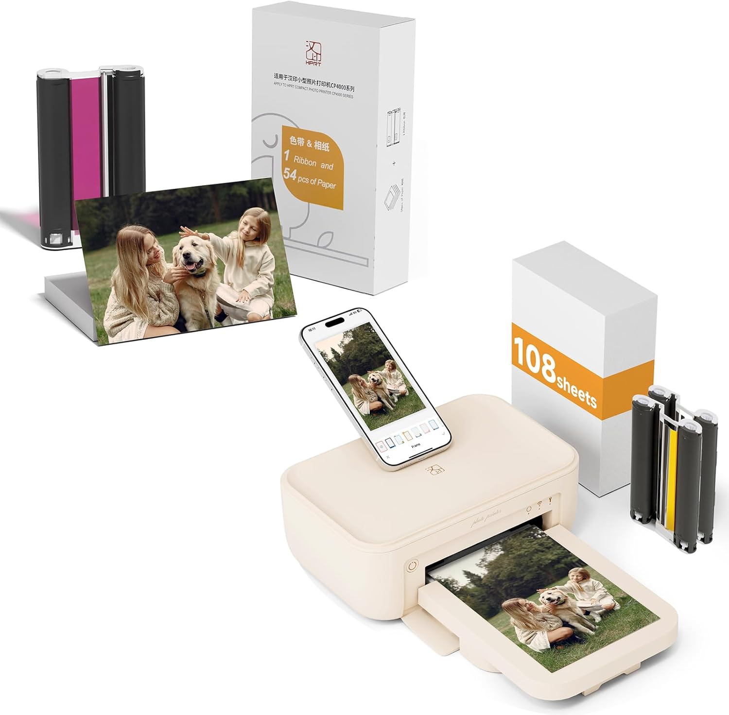 HPRT 4x6” Wi-Fi Photo Printer with 108 -Sheet Photo Paper & 2 Ink Cartridges, Plus Extra 54-Sheet Photo Paper & 1 Ink Cartridge Bundle Refill - 4-Pass Dye Sublimation, Instant Smartphone Printing