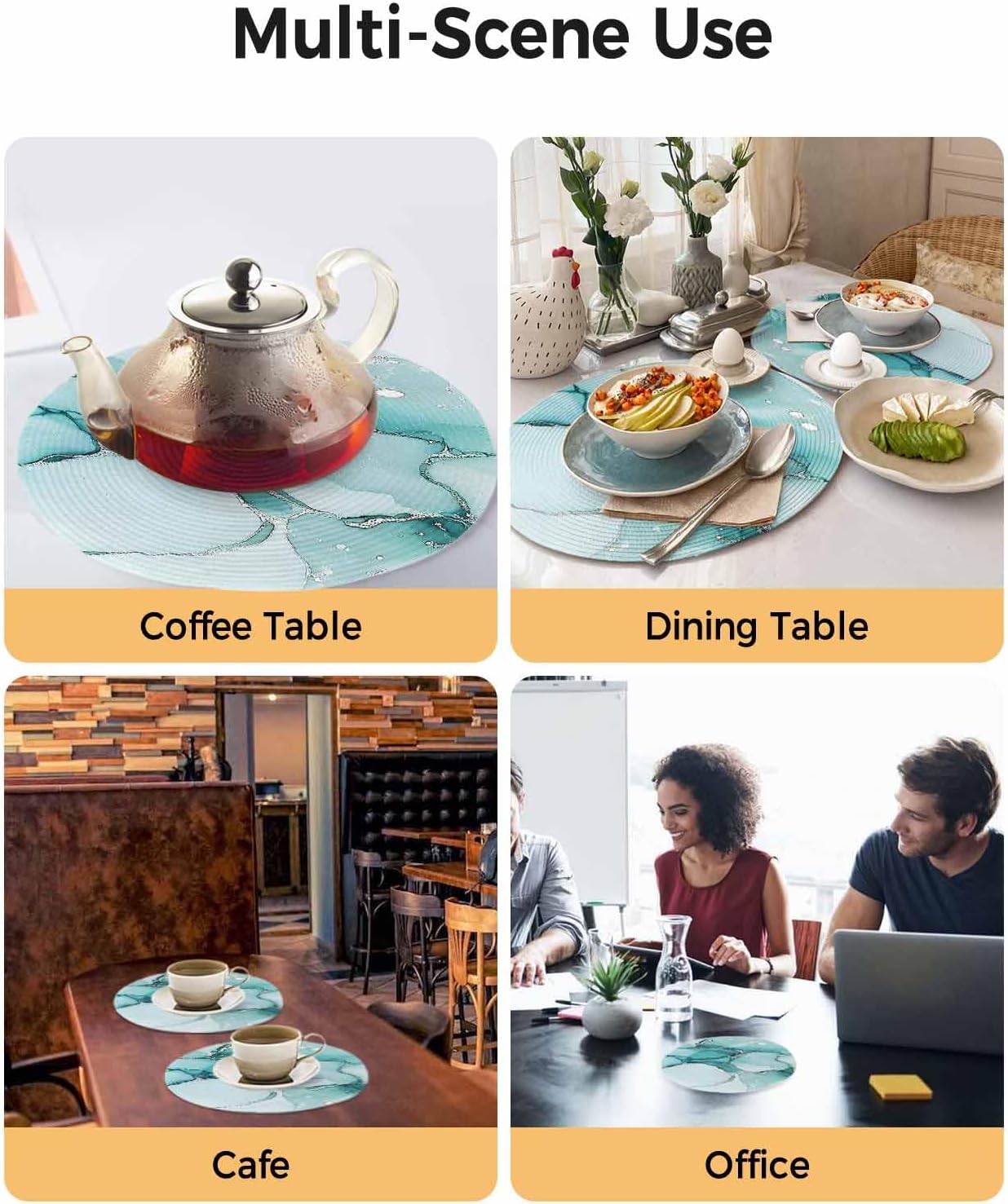 Round Placemats Ombre Turquoise White Marble Texture 15 inch Placemats for Dining Tables Abstract Art Round Table Mats for Kitchen Decoration Set of 6