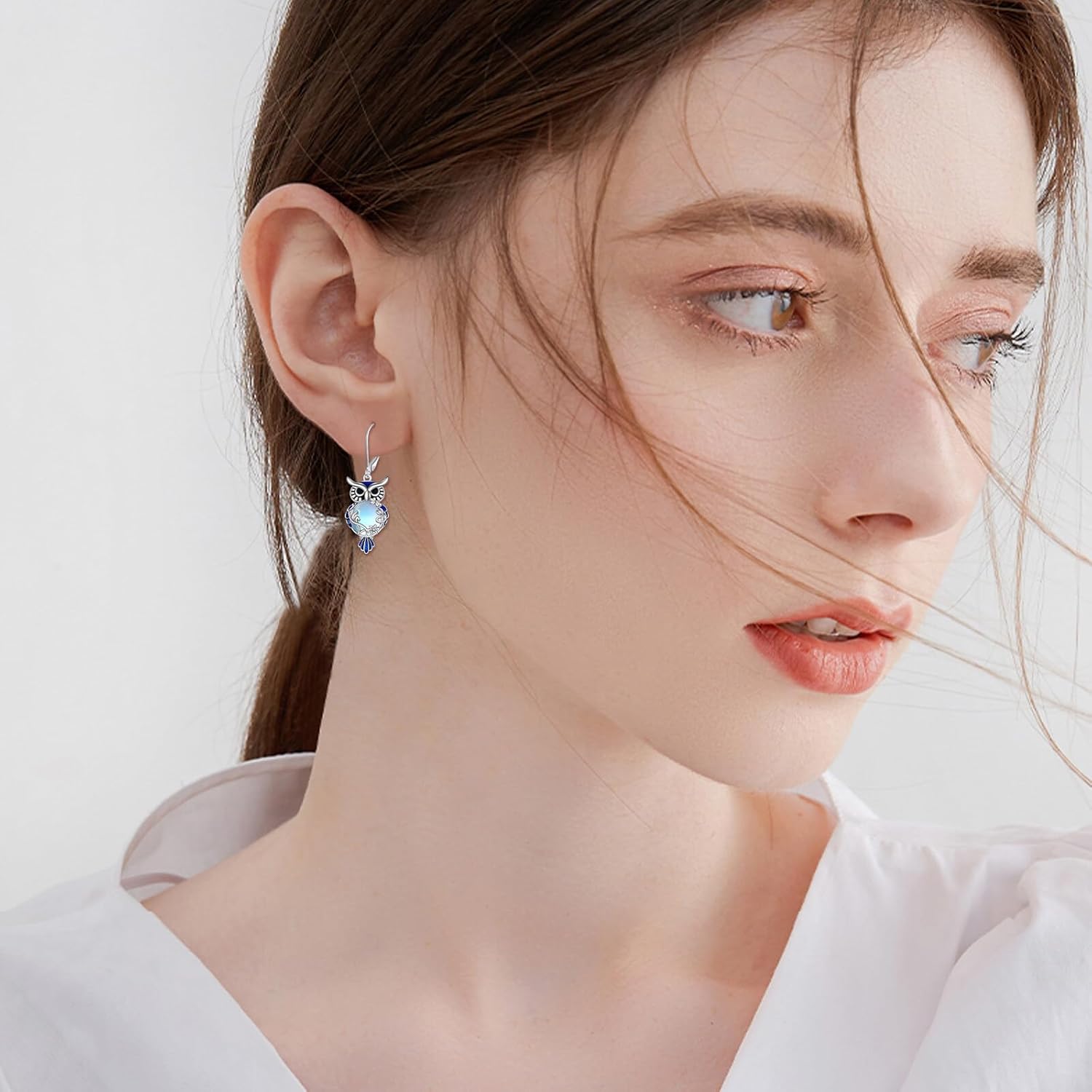 Owl Earrings for Women Sterling Silver Moonstone/Black Onyx/Lapis Lazuli/Jade/Turquoise Dangle Leverback Earrings Jewelry Gifts for Women - Image 2