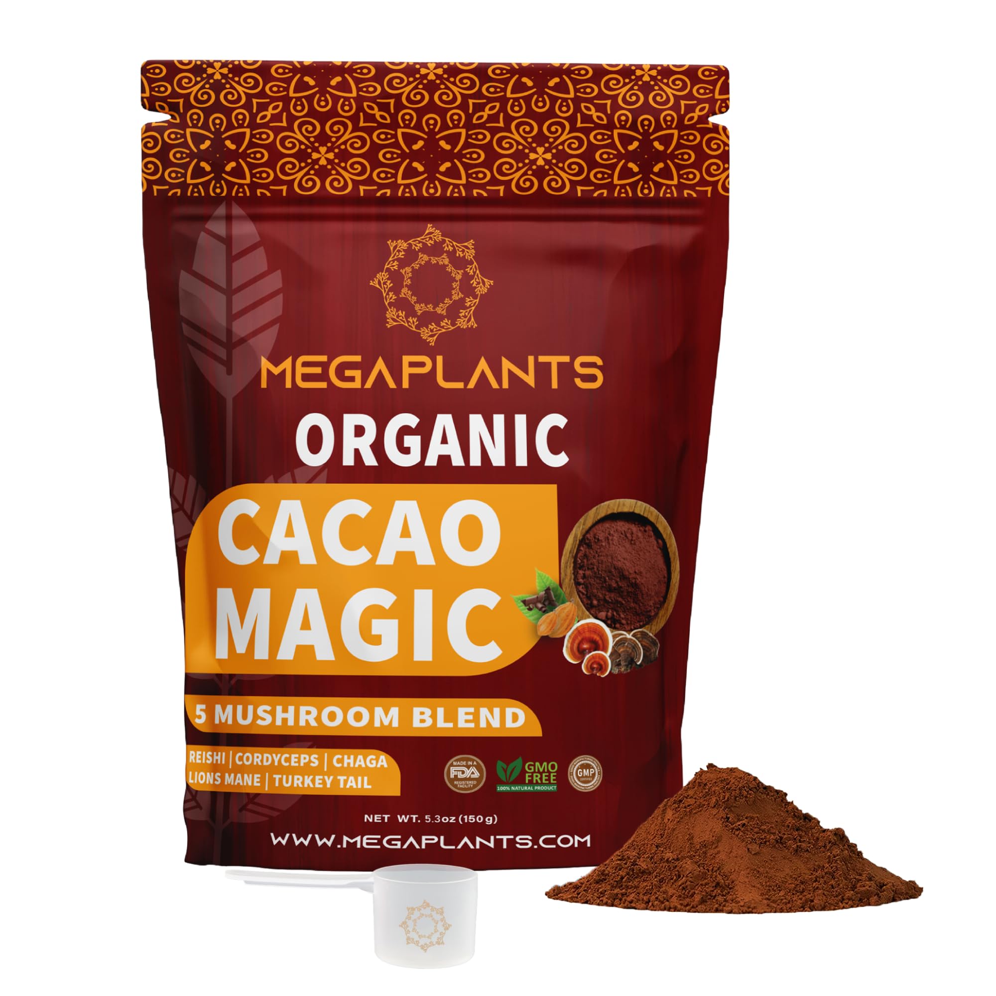 MegaPlants Cacao Magic (50 Servings) | Superfood 5 Mushroom Blend | Lions Mane, Reishi, Chaga, Cordyceps, Turkey Tail | Smoothie, Hot Chocolate, Coffee Alternative