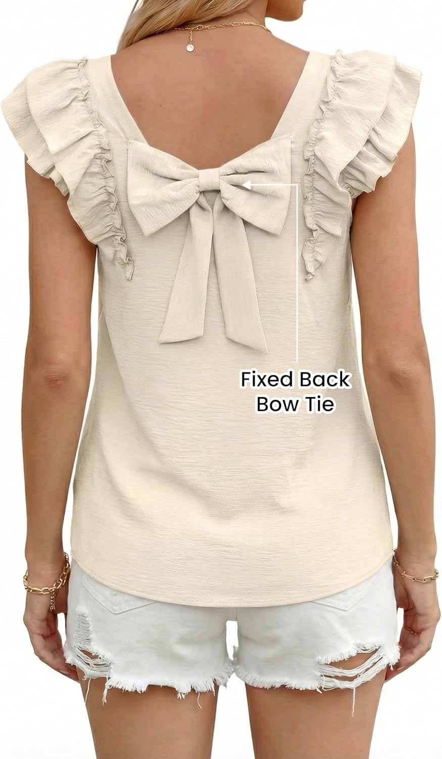 Okiwam Womens Ruffle Short Sleeve Summer Tops Bow Tie Back Blouse Round Neck Cute Babydoll Shirts Summer 2026 Fashion Clothes - Image 2