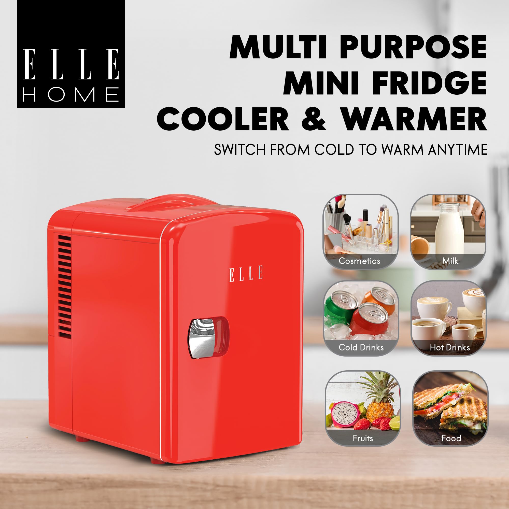 ELLE Mini-Kühlschrank, 4 l, vielseitig einsetzbar, warm & kalt, für Skincare, Pflege, Kosmetik, Getränke und Snacks, Kapazität 6 Dosen, abnehmbares Regal, Tragegriff – Rot
