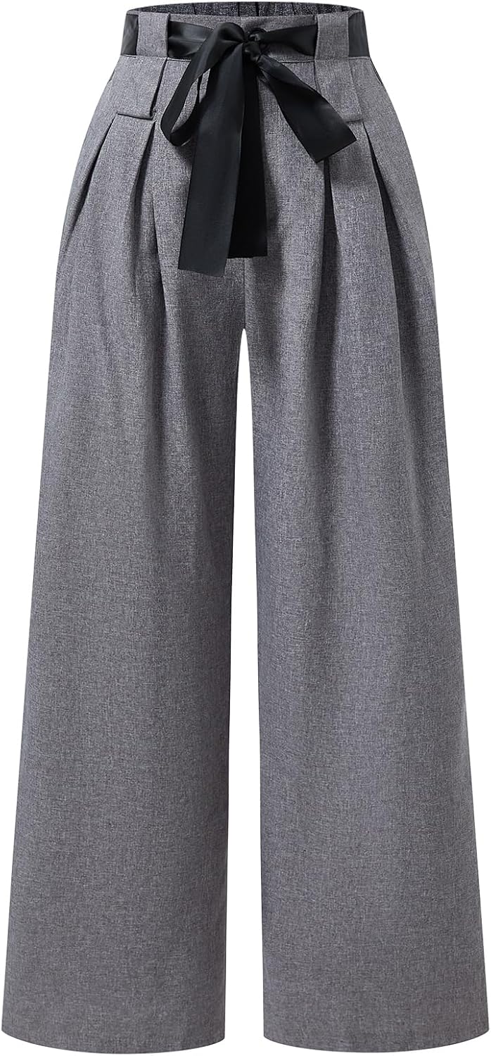 Women's Pleated Wide Leg Dress Pants Tie Knot High Waisted Loose Work Office Trousers with Pockets