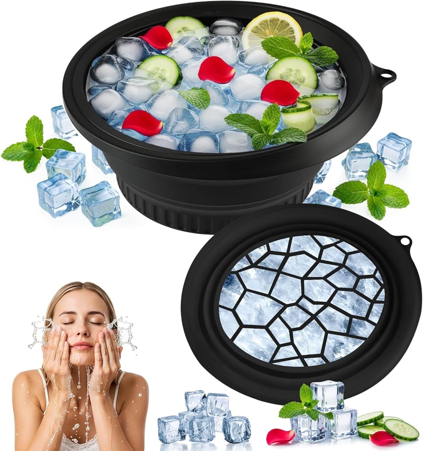 Silicone Face Bowl for Ice with Built-In Icetray, Collapsible Face Tub for Ice Bath, Facial Ice Plunge Bowl, Ice Water Facials at Home